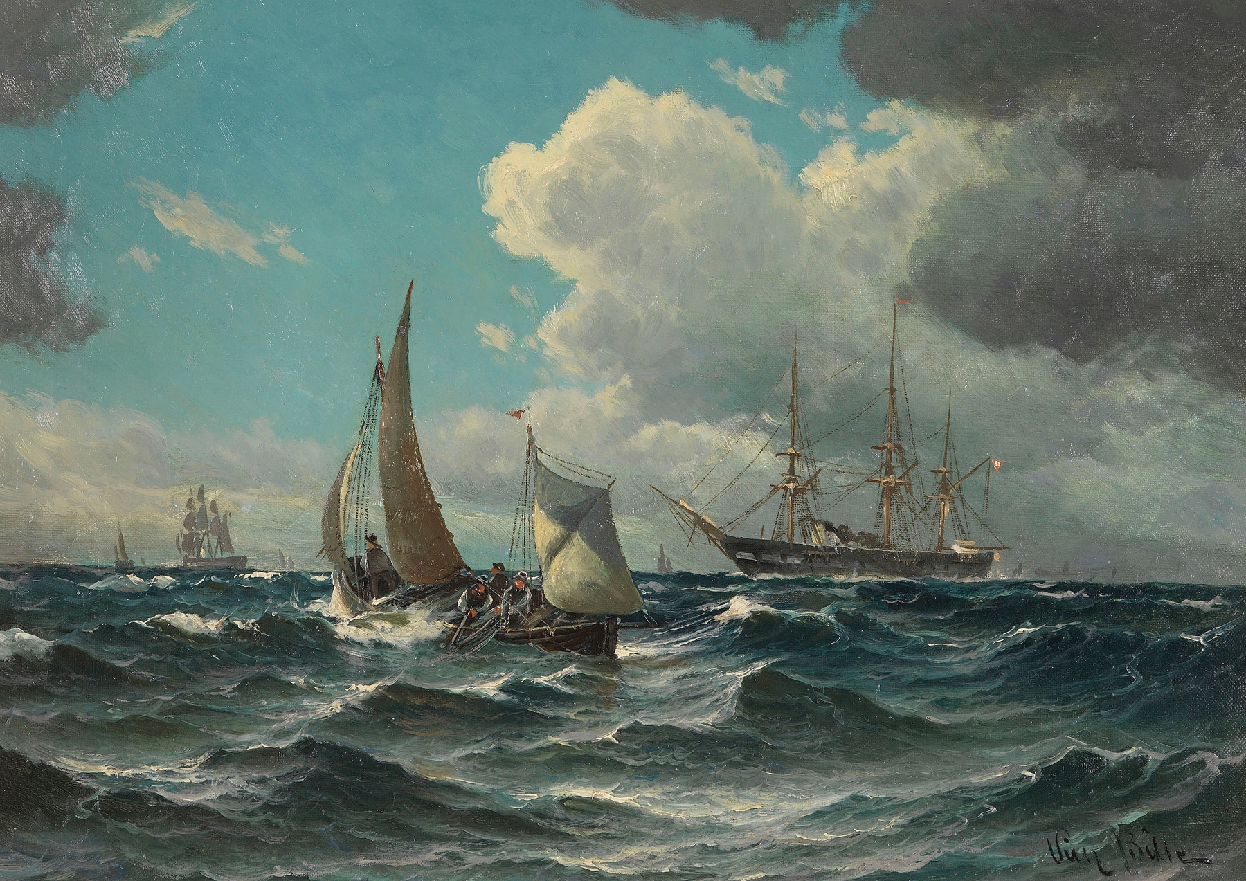 Fischerboot und Dampfsegler auf bewegter See by Vilhelm Bille, oil painting depicting a fishing boat on choppy waves.