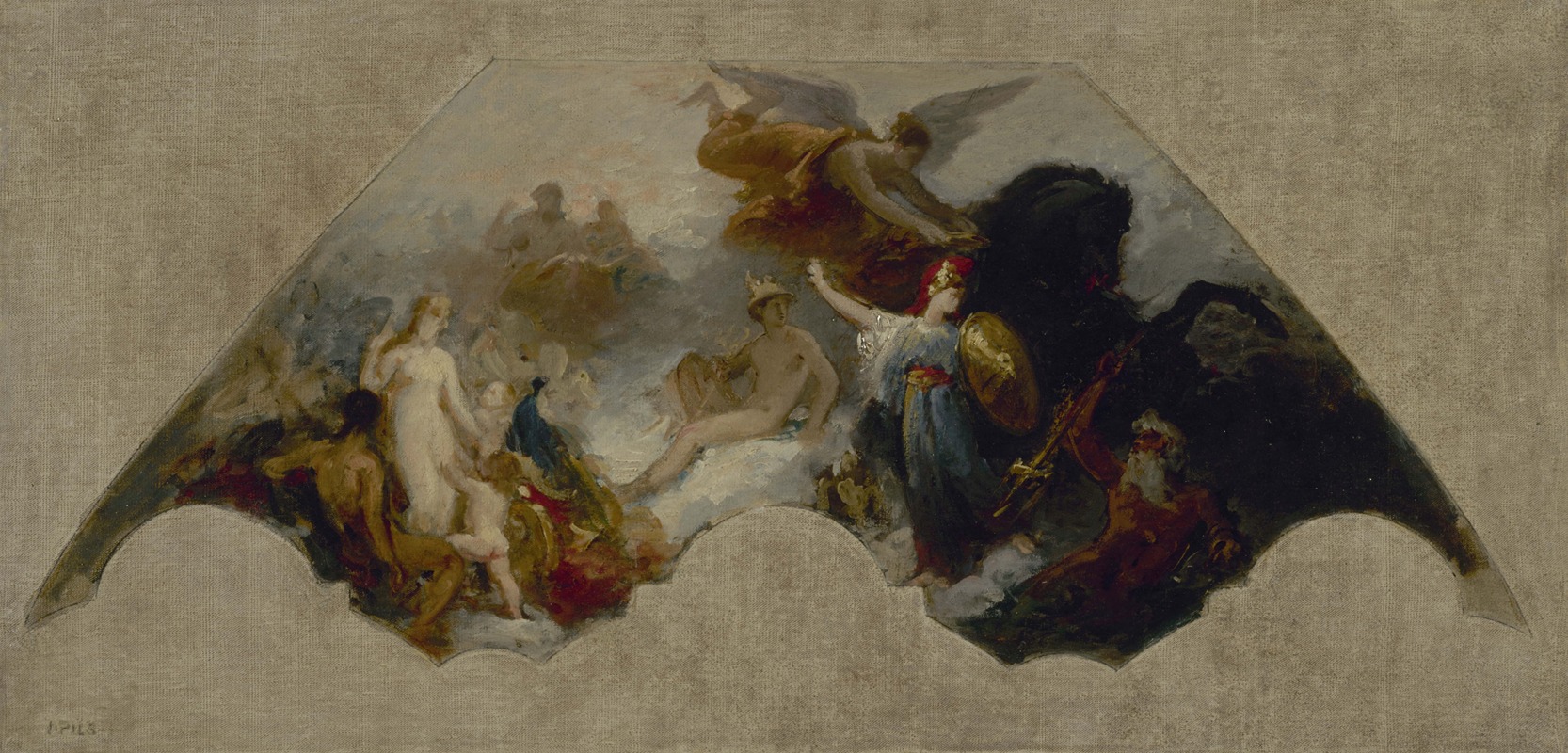 A depiction of Minerva battling brute force in front of assembled deities.