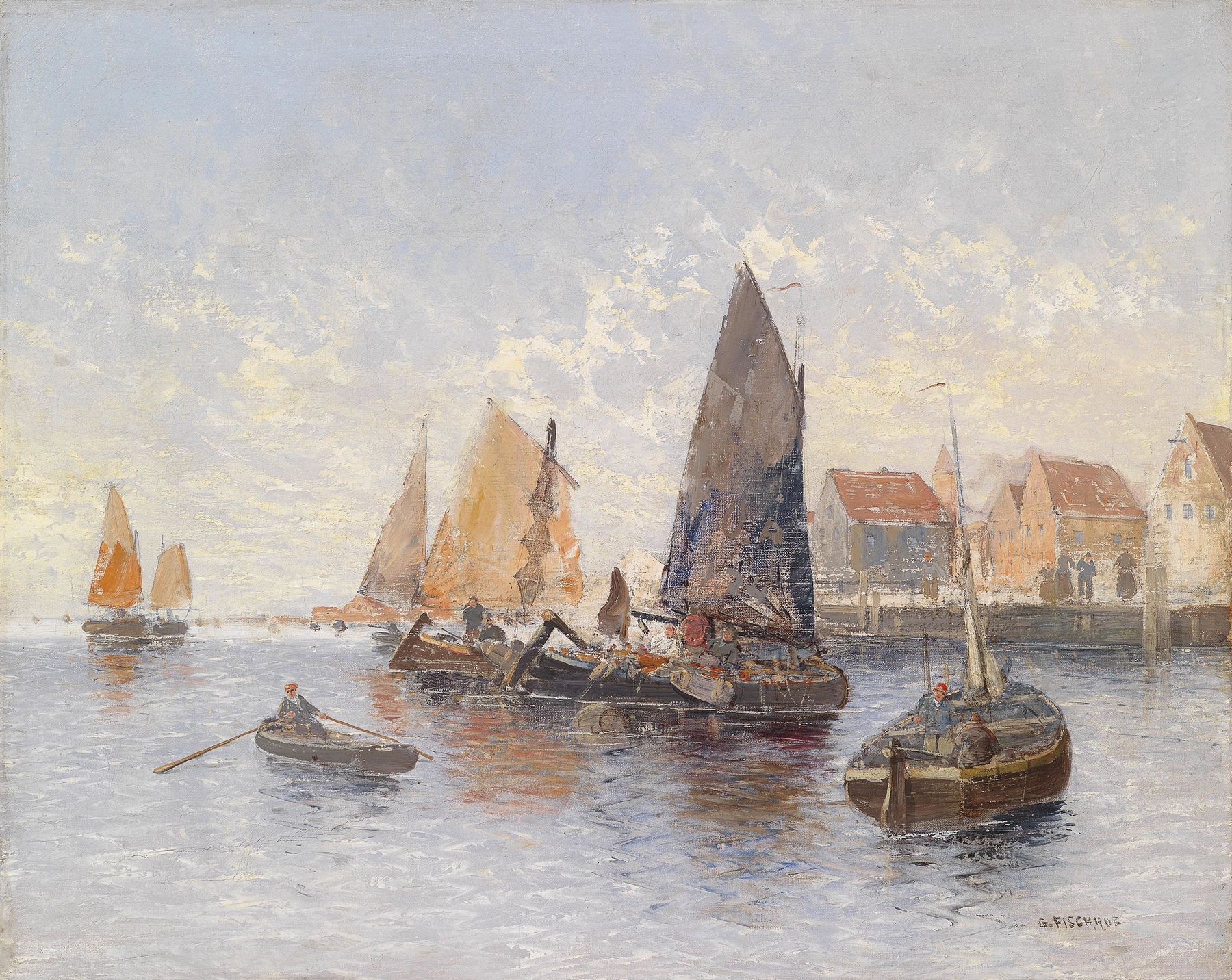 Fischer im Hafen by Georg Fischhof, realism, depicting a solitary fisherman in a tranquil harbor.