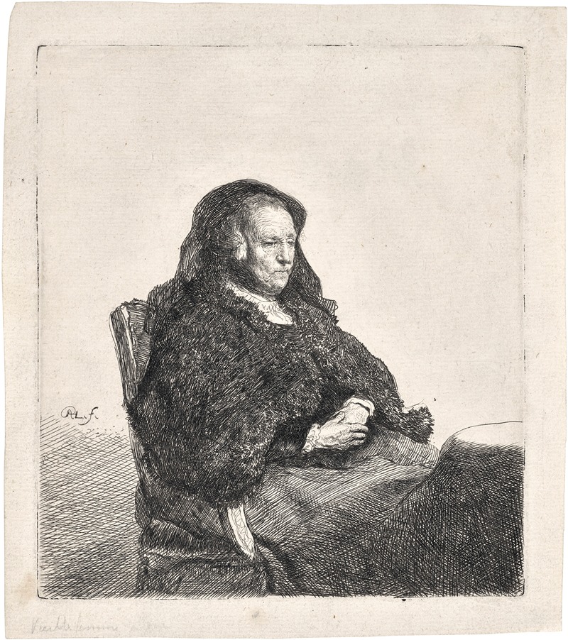 Rembrandt's painting of his mother captures her seated at a table, looking to the right.