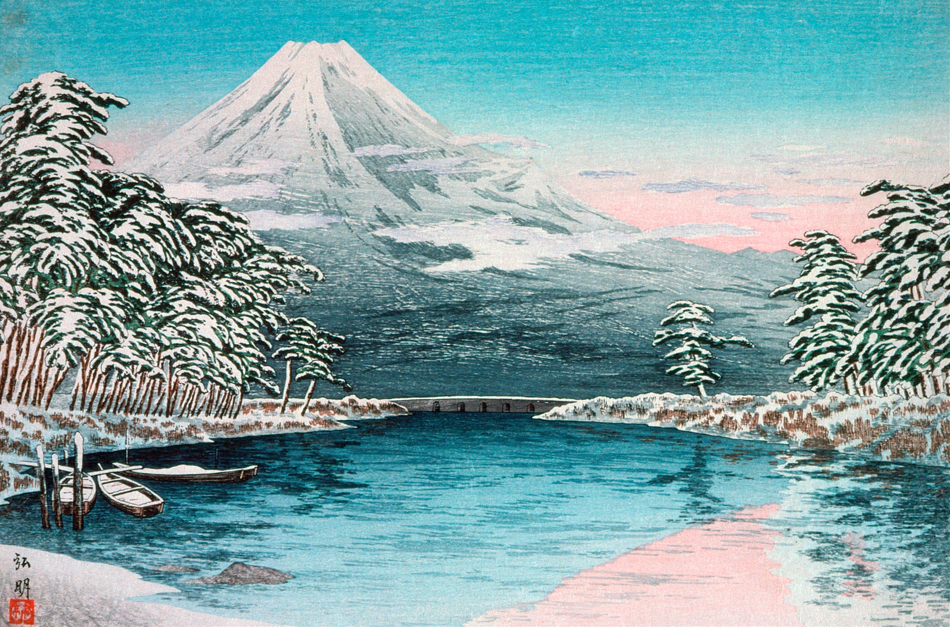 Snow scene of Mt. Fuji from Tagonoura by Takahashi Hiroaki, Ukiyo-e