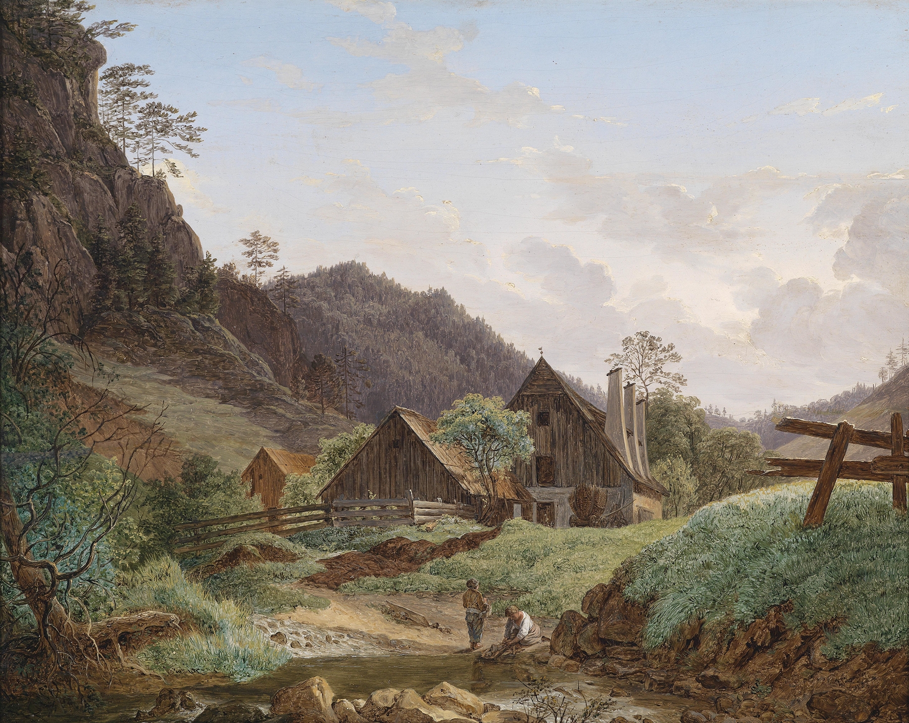 Eisenhammer in Gutenstein by Matthias Rudolf Toma, oil painting depicting a forge in a serene landscape.