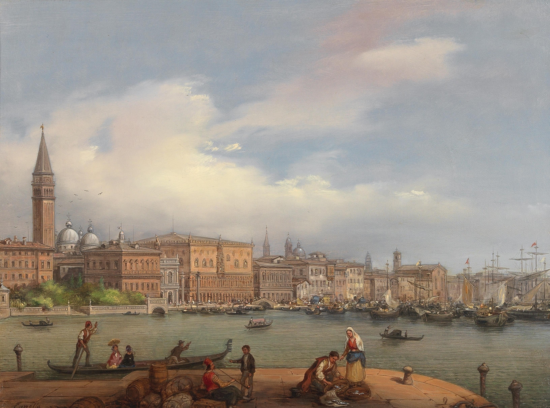 Oil on canvas by Carlo Canella depicting the Doge's Palace and canal in Venice