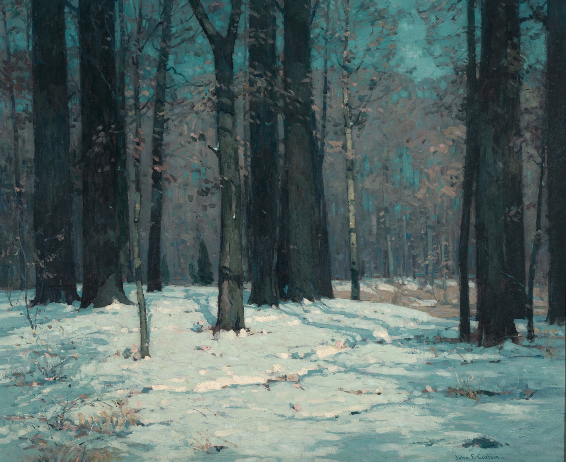 Woods in Winter oil painting by John Fabian Carlson featuring snow and dark tree trunks.