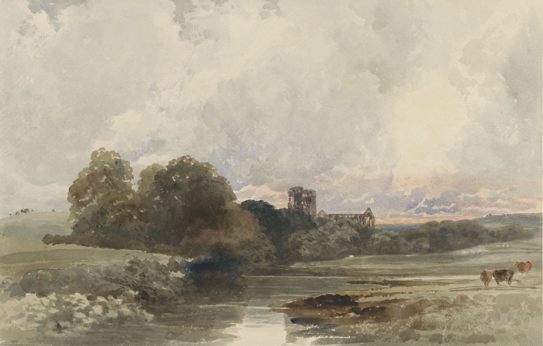 Landscape featuring Kirkstall Abbey ruins at sunset, oil painting by Peter De Wint
