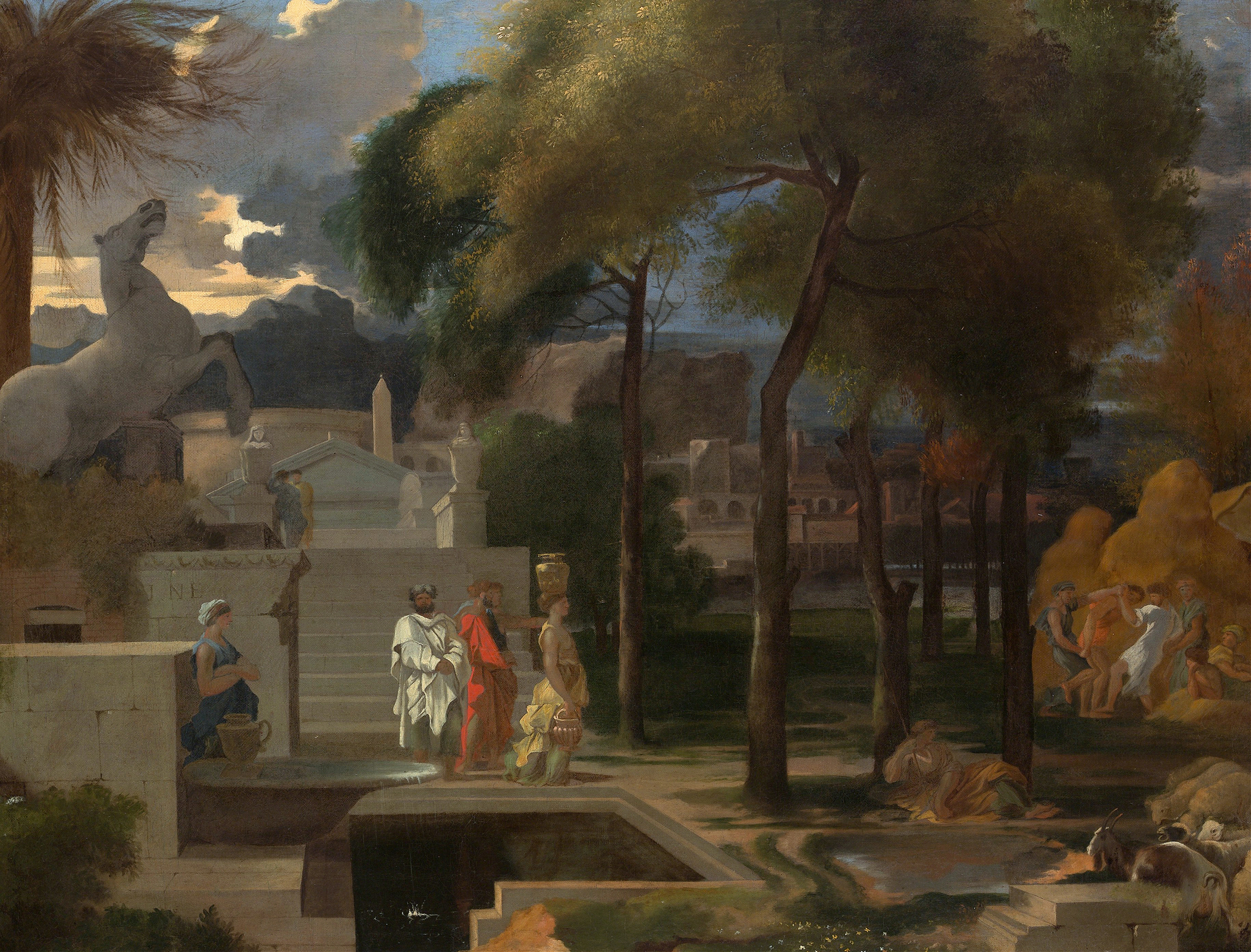 A Classical Landscape by Sébastien Bourdon, oil on canvas depicting a valley and mountains.