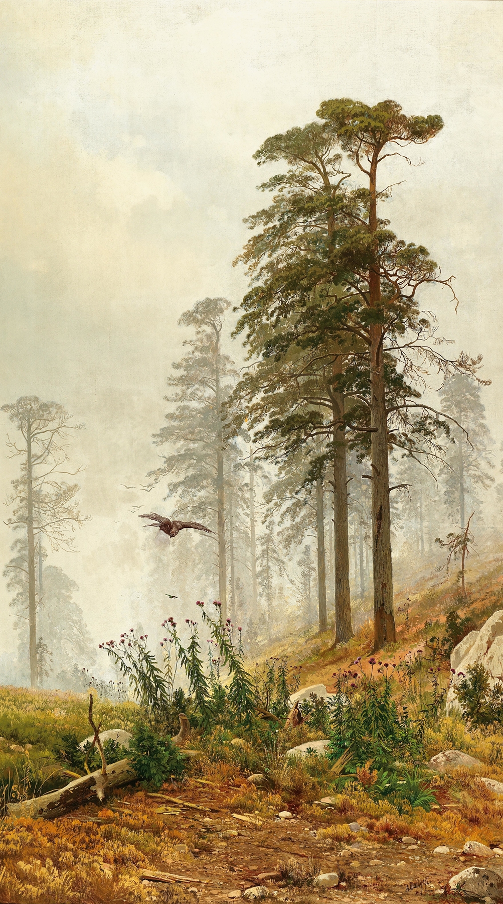 A Misty Morning near Saint Petersburg, oil on canvas by Andrei Nikolaevich Shilder, featuring fog and trees.