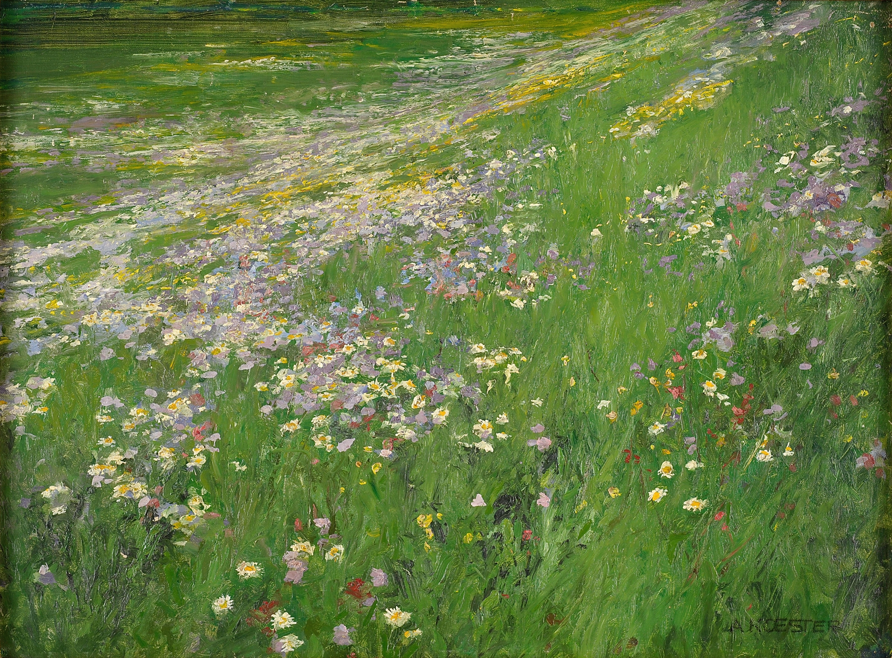 Oil painting of a meadow filled with wildflowers by Alexander Koester