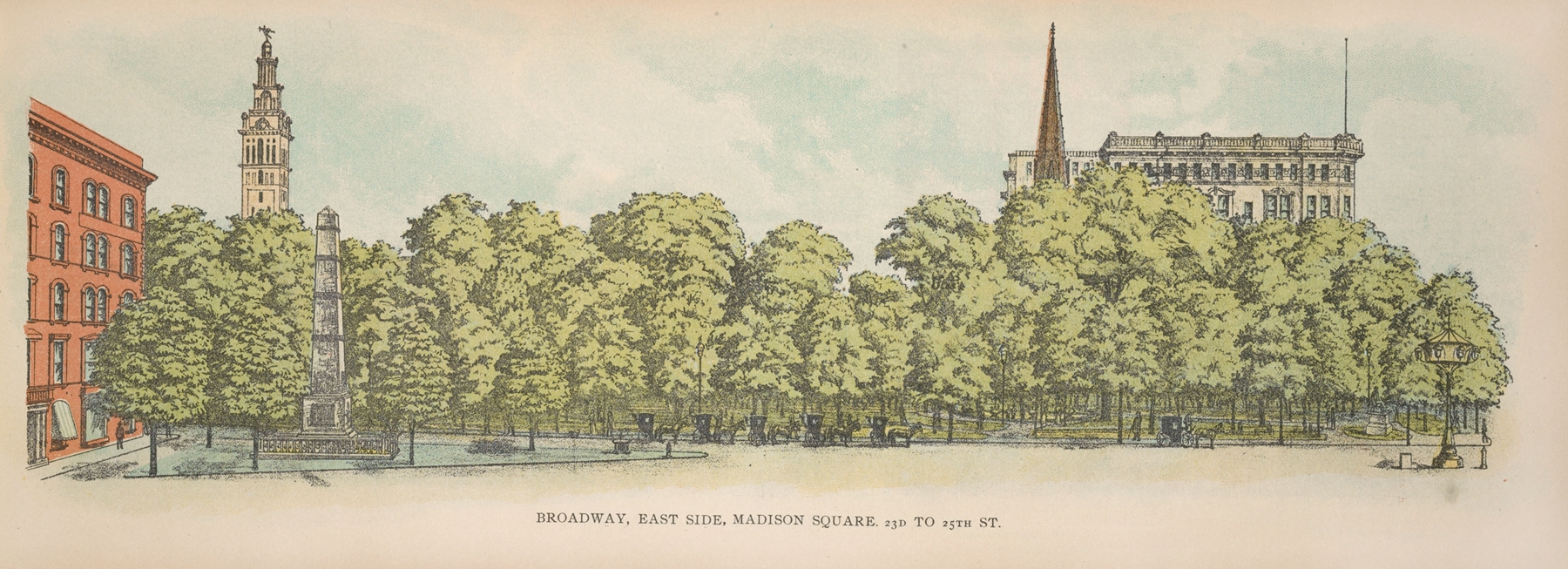 Engraving by Mail & Express depicting a bustling street scene at sunset.