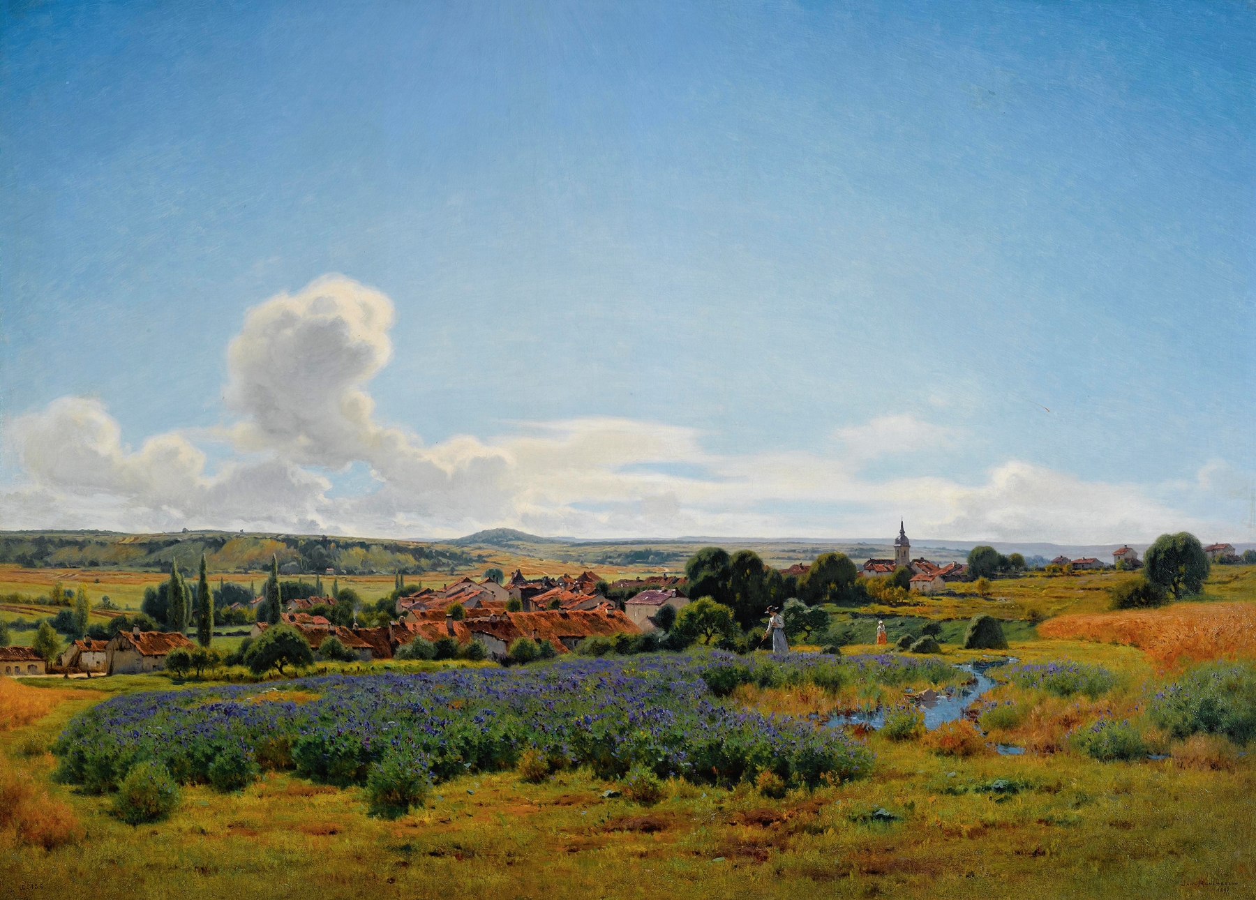 Landscape oil painting by Jean Ferdinand Monchablon featuring golden light and rolling hills.