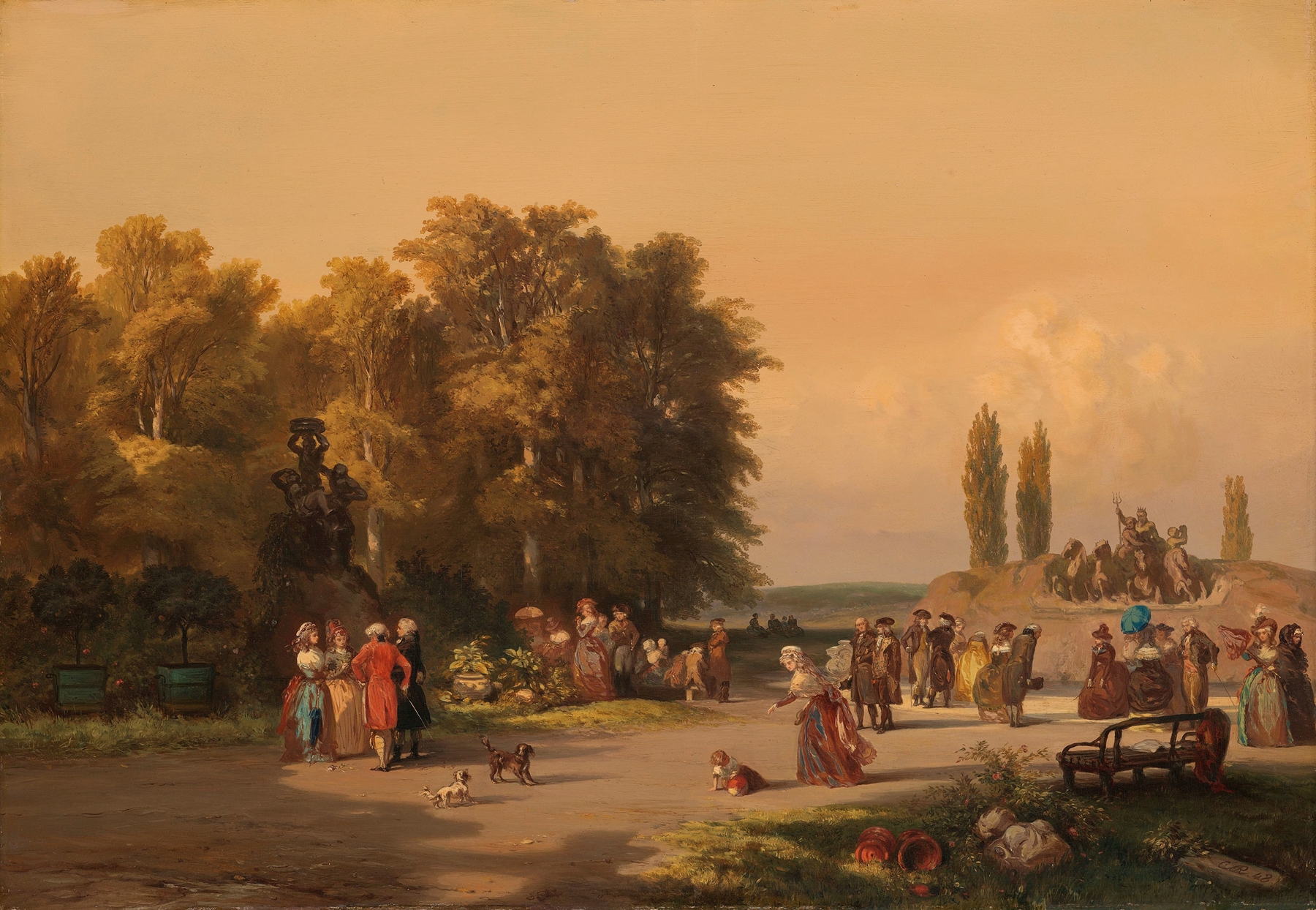 Landscape oil painting by Charles Rochussen featuring a tranquil park with trees and a pastel sky.
