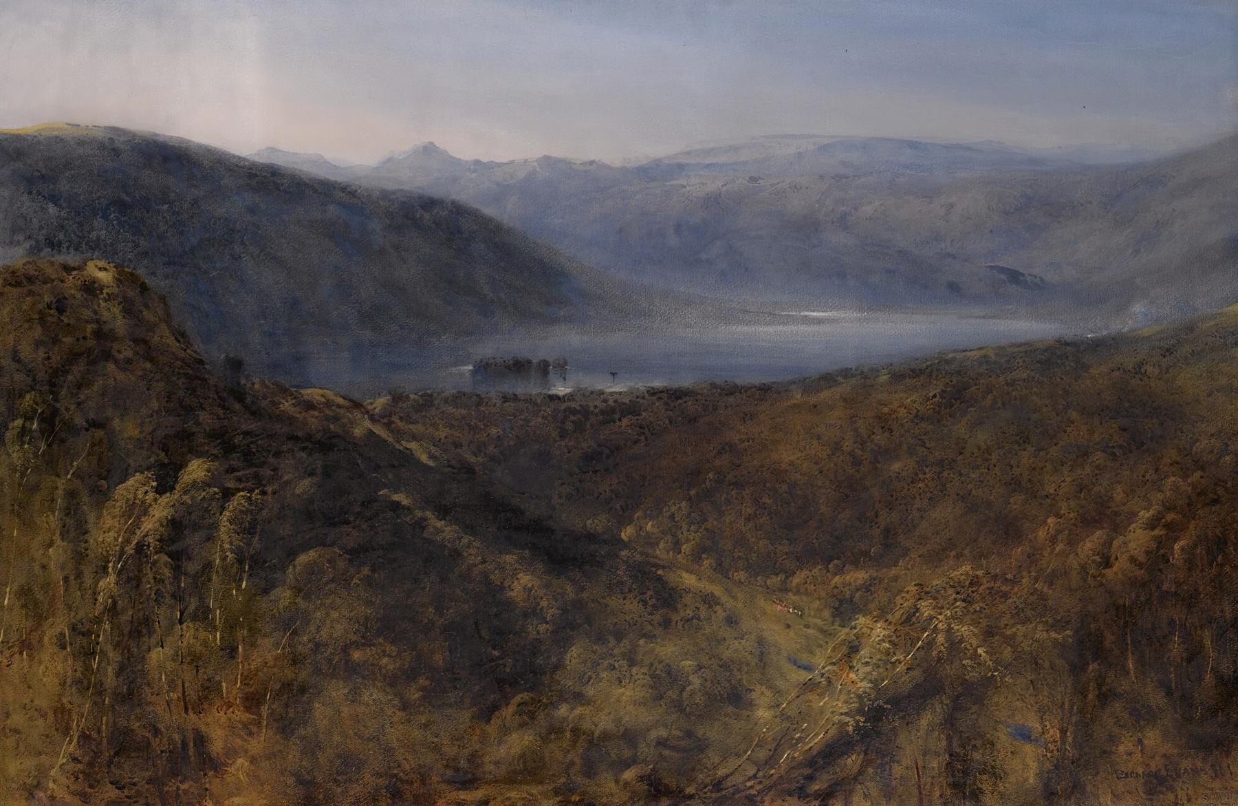 Lake Windermere landscape by Bernard Walter Evans, oil painting depicting tranquil water and dawn light.