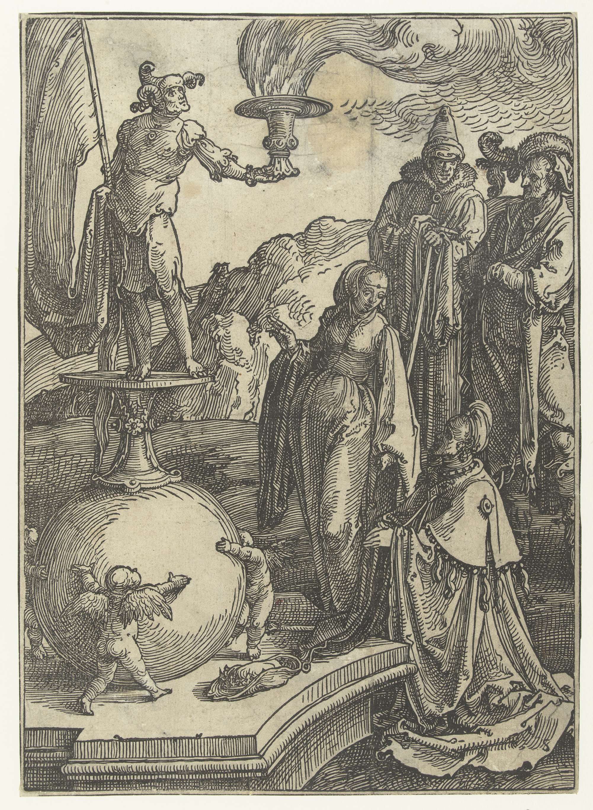 De afgoderij van Salomo by Lucas van Leyden, paper medium, featuring celestial light and figures.