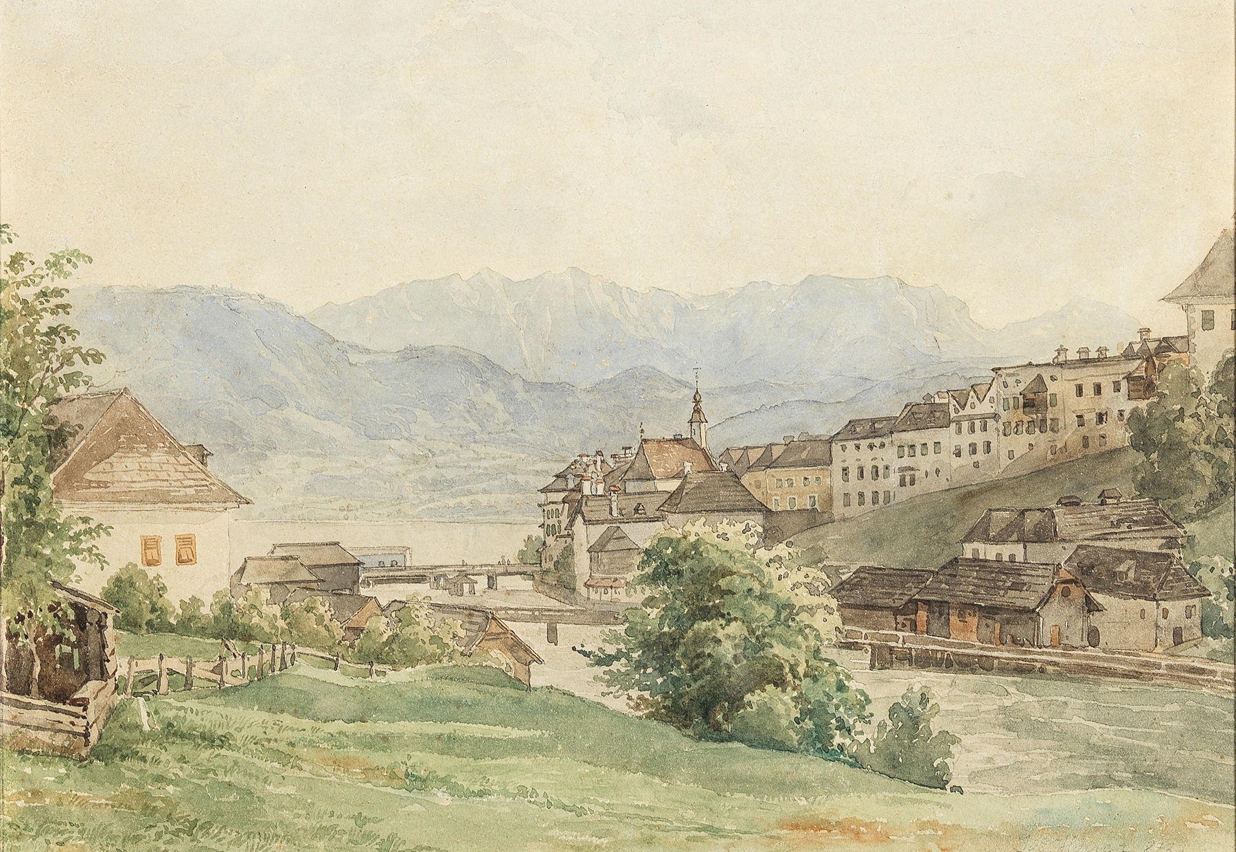 Blick auf Gmunden, oil painting by Josef Höger, depicting a tranquil lake and village.