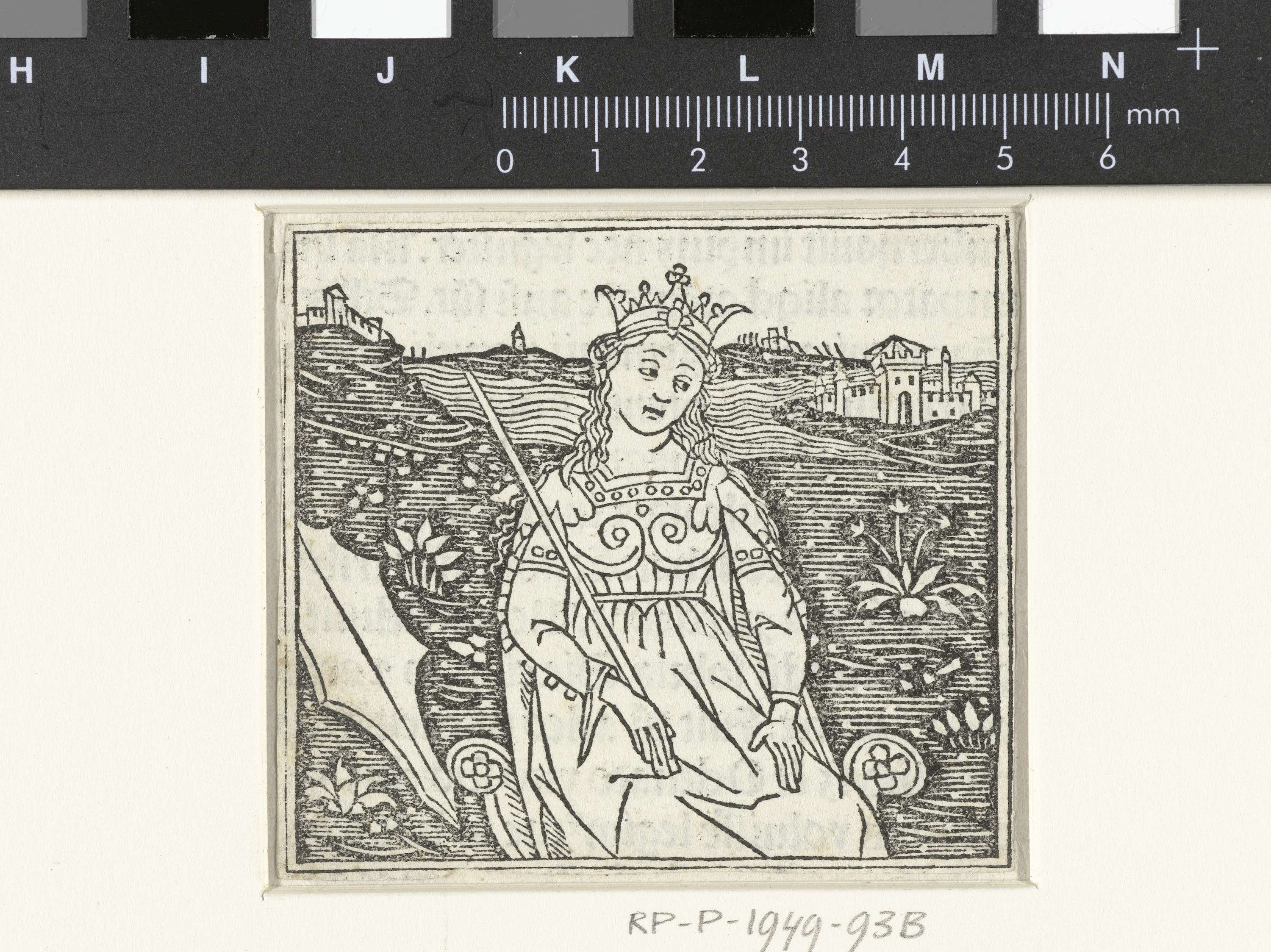 Portrait of a woman with a crown and scepter in a landscape, paper, Unknown Artist
