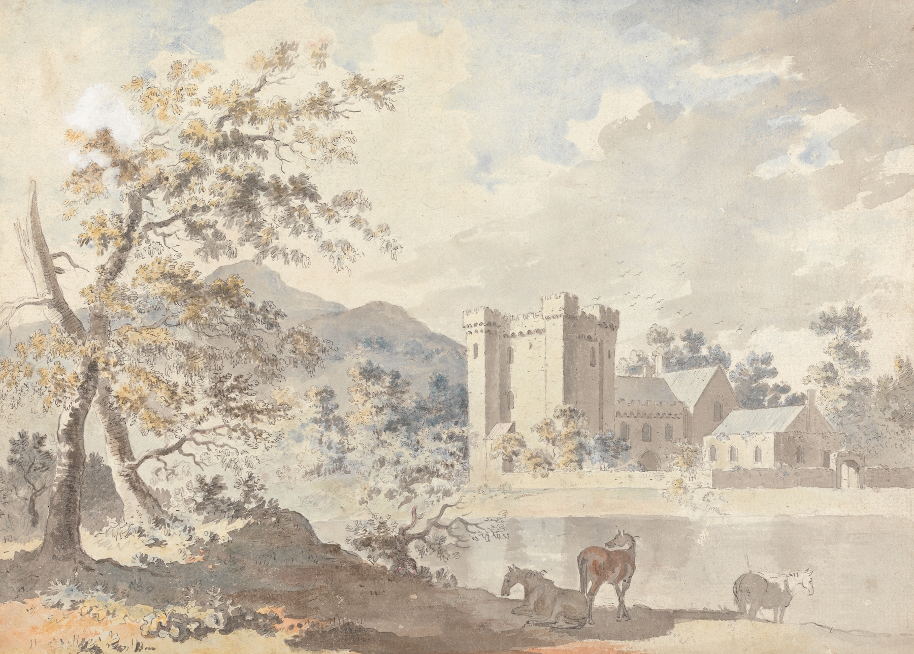 Castle below mountains with horses by a river, oil painting by Sawrey Gilpin