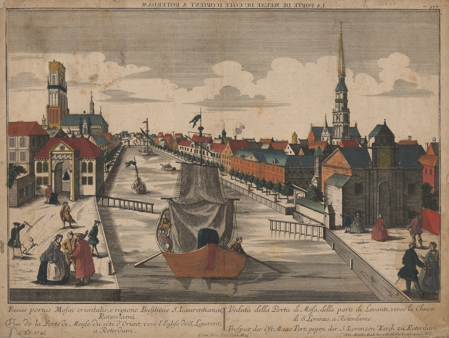 Engraving by Georg Balthasar Probst depicting the museum entrance with light and shadows.