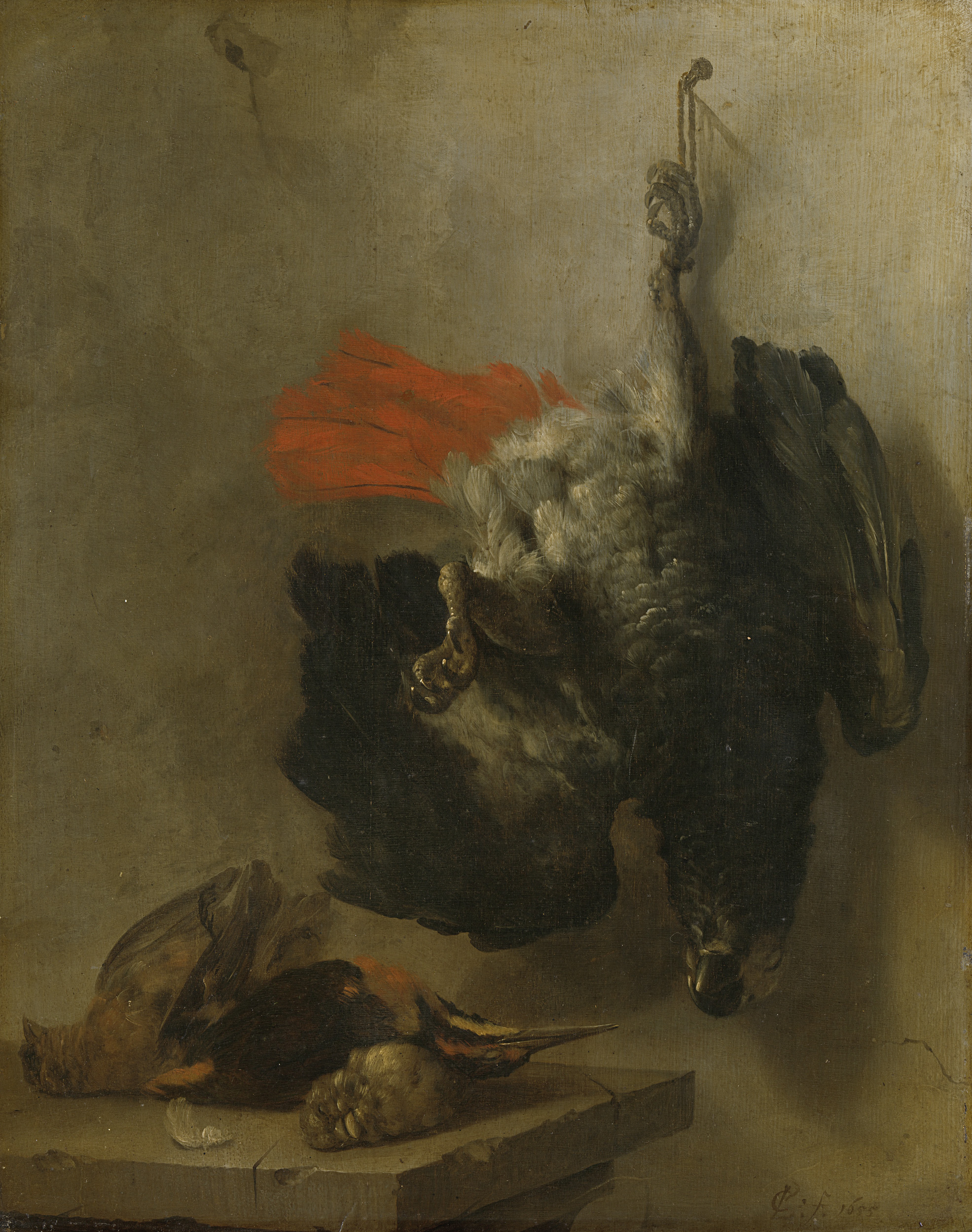 Still life oil painting by Cornelis Lelienbergh featuring a parrot and snipes.