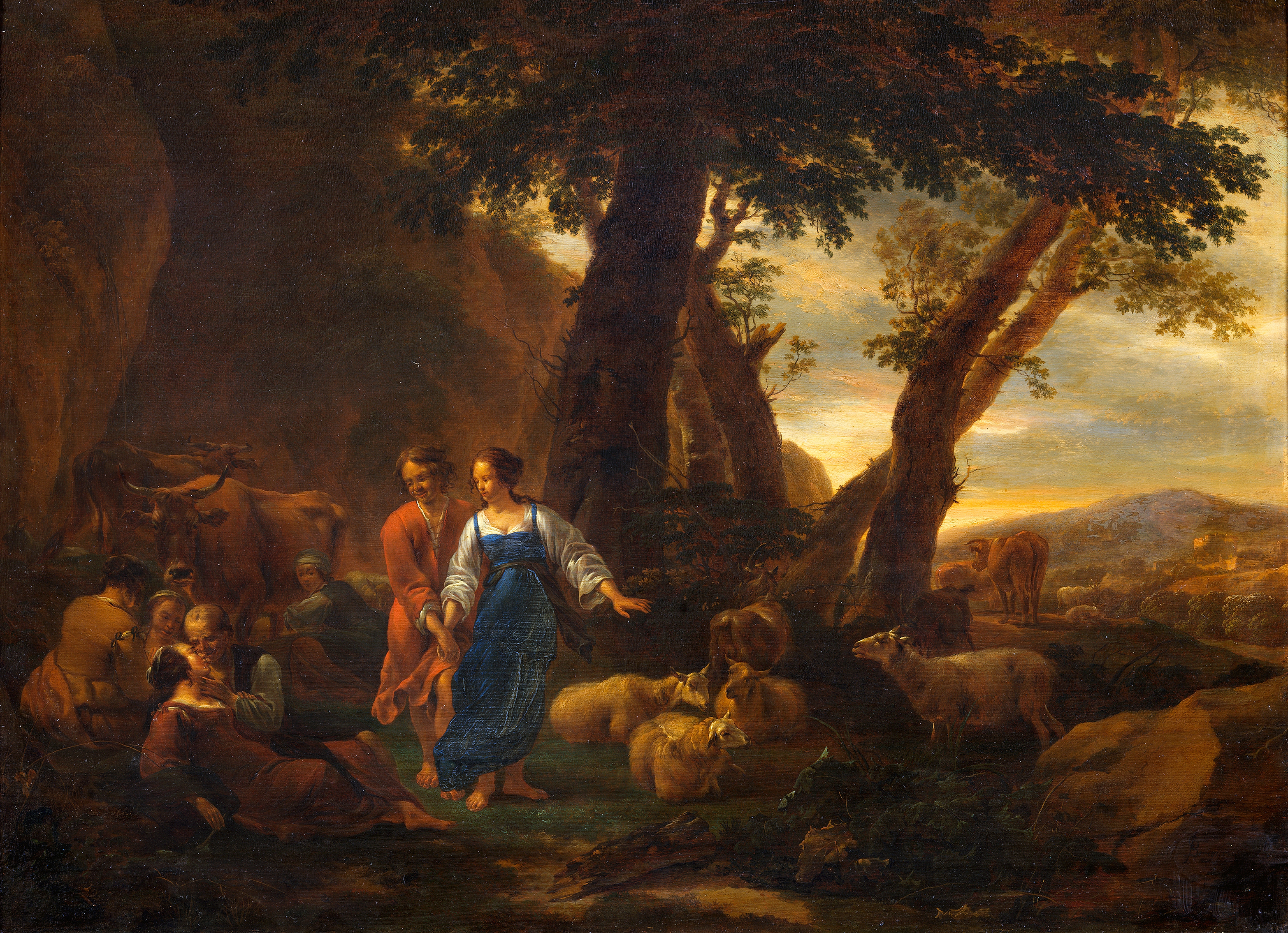 Landscape with Peasants and Cattle, by Nicolaes Pietersz Berchem, public domain