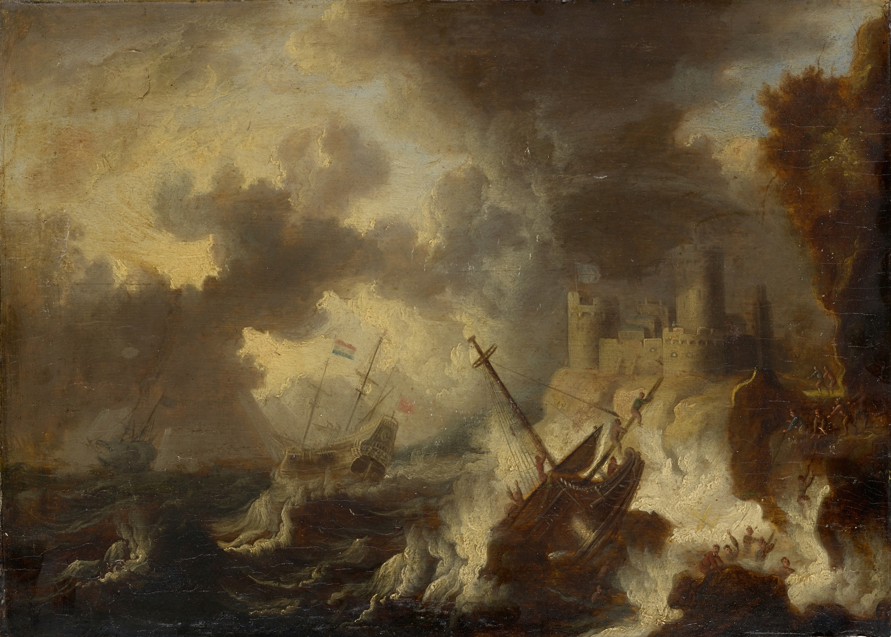 Tempest with Shipwreck in front of a Coastal Fortress, oil painting by Peter van de Velde