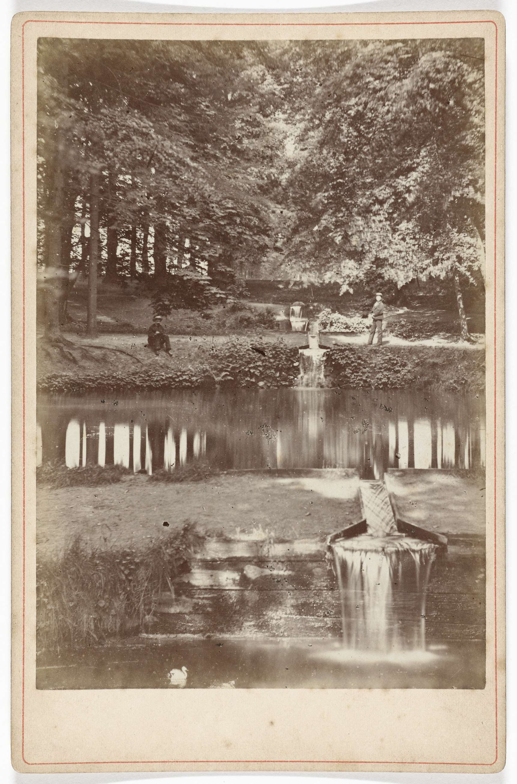 Cascading waterfall in a forest, albumen print by J.S.J. de Jongh