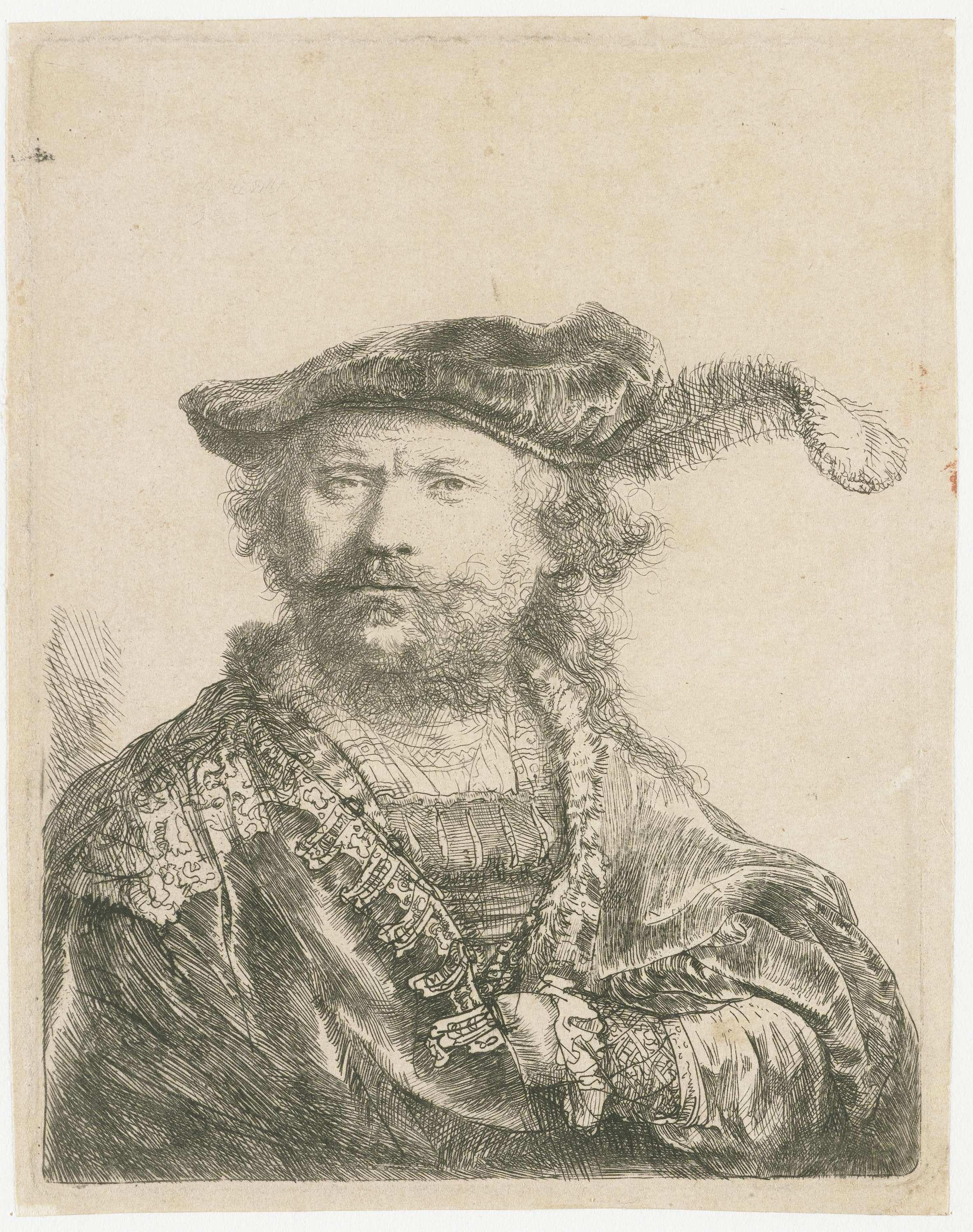 Self-portrait in a velvet cap with plume, by Rembrandt van Rijn, public domain
