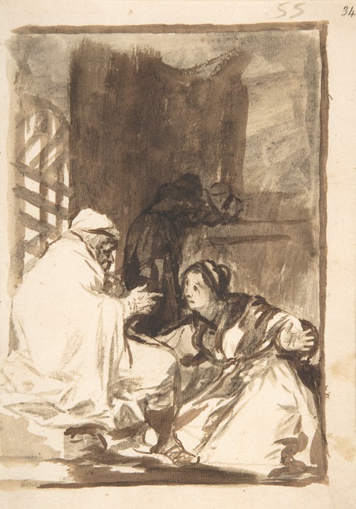 A woman kneels with her arms wide open before an old man.