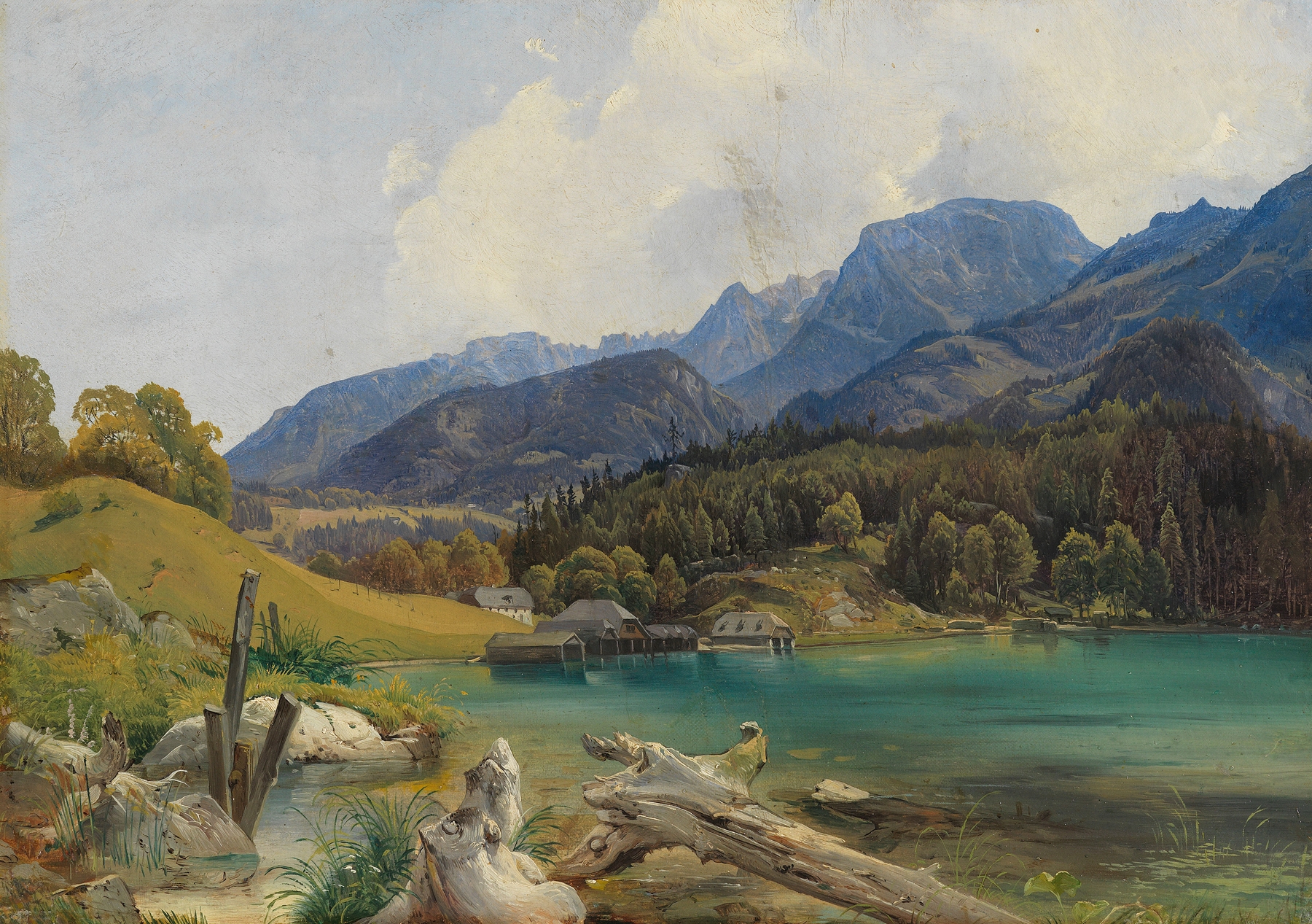 Königssee mit dem Einschiffungsplatz, oil on canvas by Leopold Rottmann, depicting a tranquil lake and mountains.