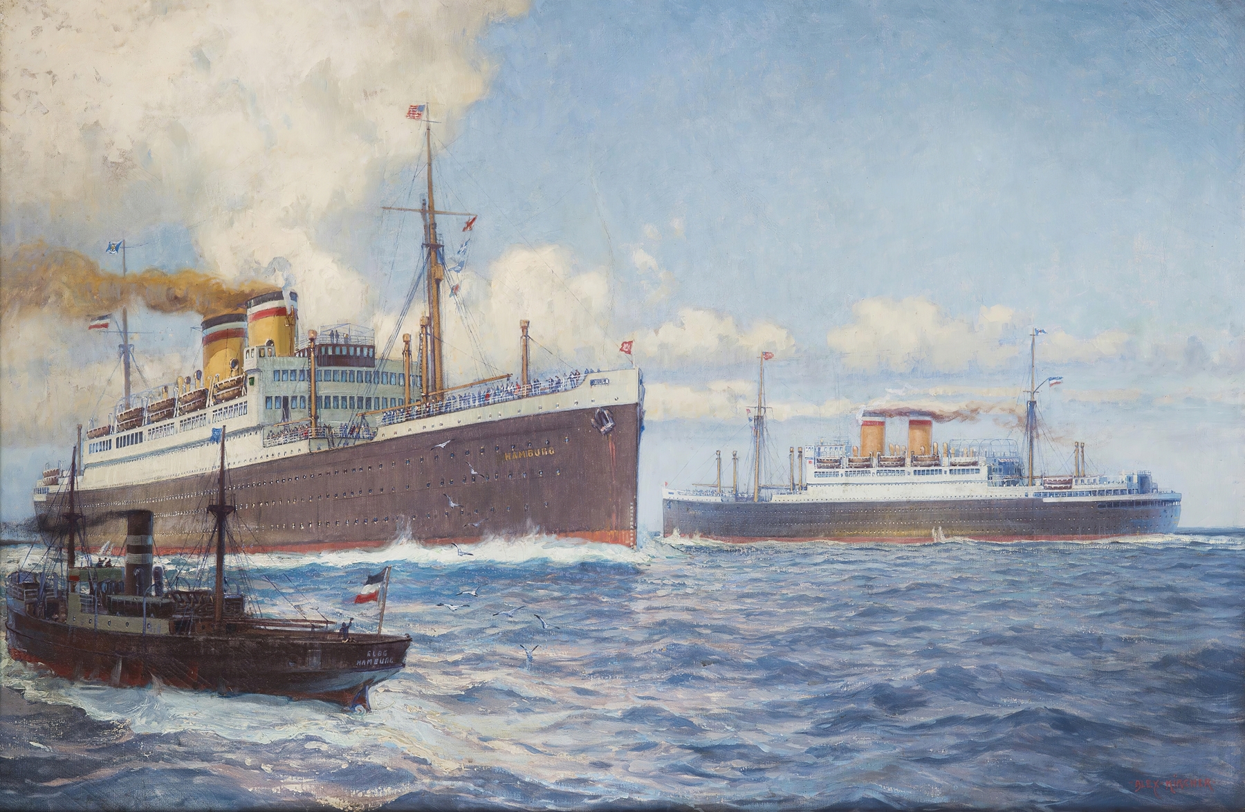 Hamburg Ship by Alexander Kircher, oil on canvas, depicting a ship in a harbor with dramatic light and shadow.
