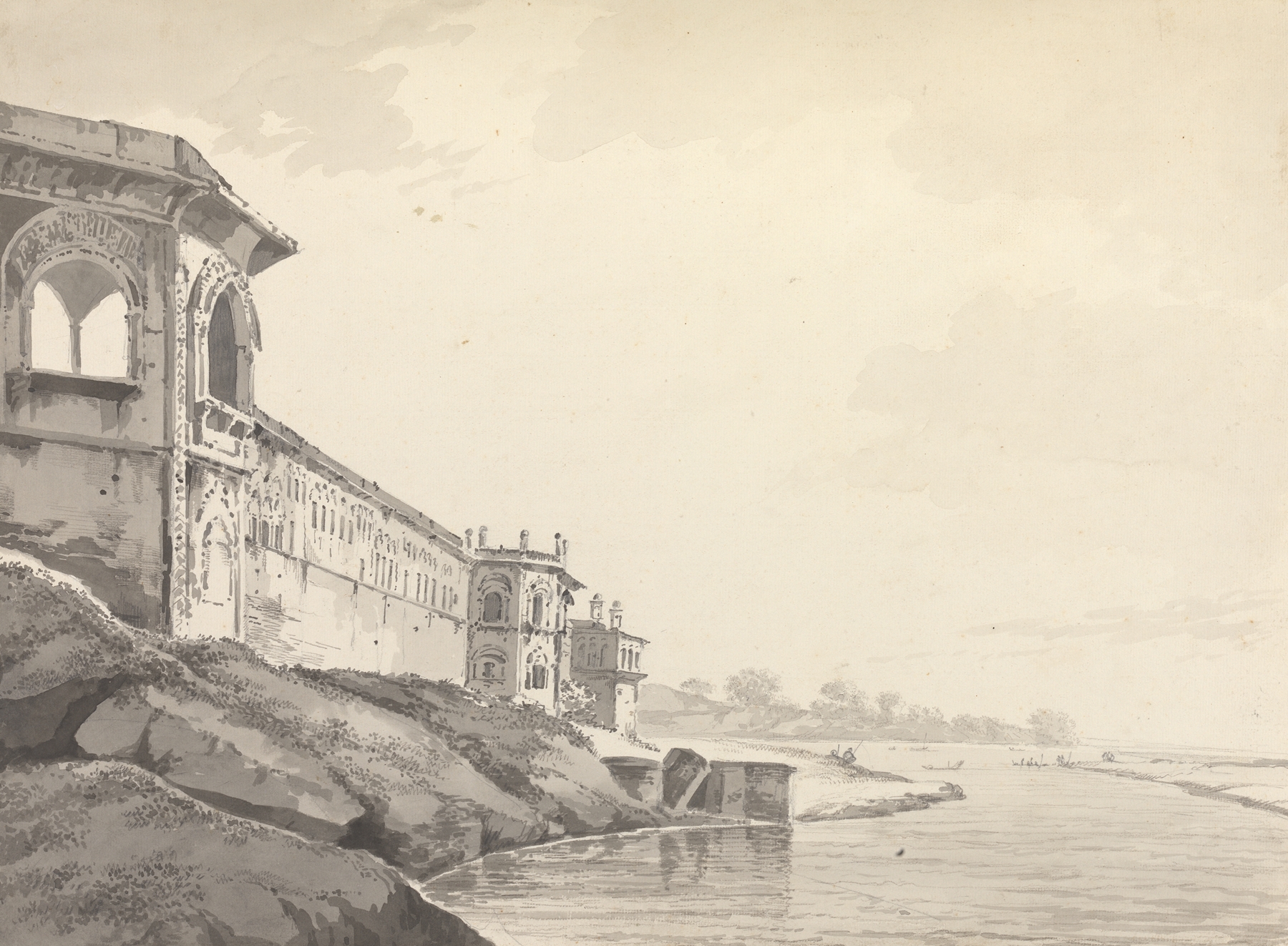 Landscape by William Hodges, ink on paper, featuring hills and tranquil water.