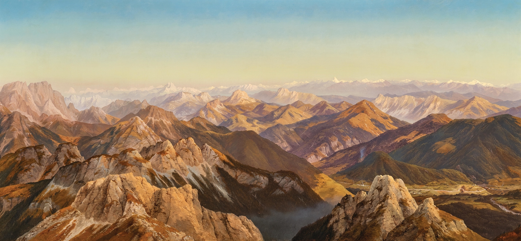 Landscape featuring mountains and a river by Markus Pernhart, oil painting