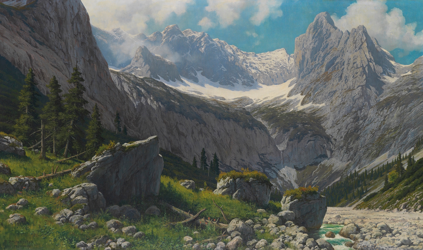 Landscape of Höllentalgletscher with sunlight, oil painting by Rudolf Reschreiter
