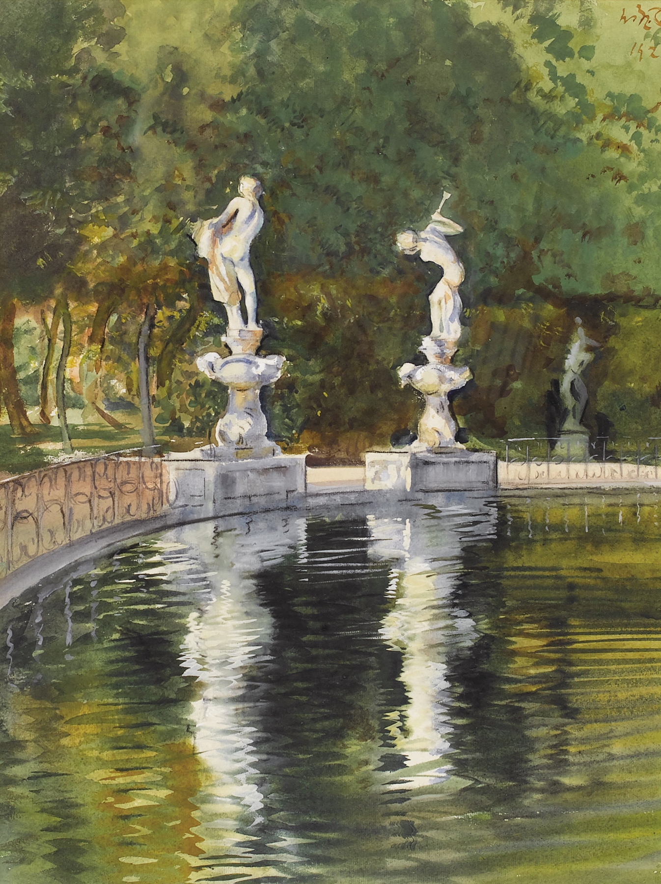 Oil painting by William Rothenstein depicting Boboli Gardens, Florence with cypress trees and a couple.