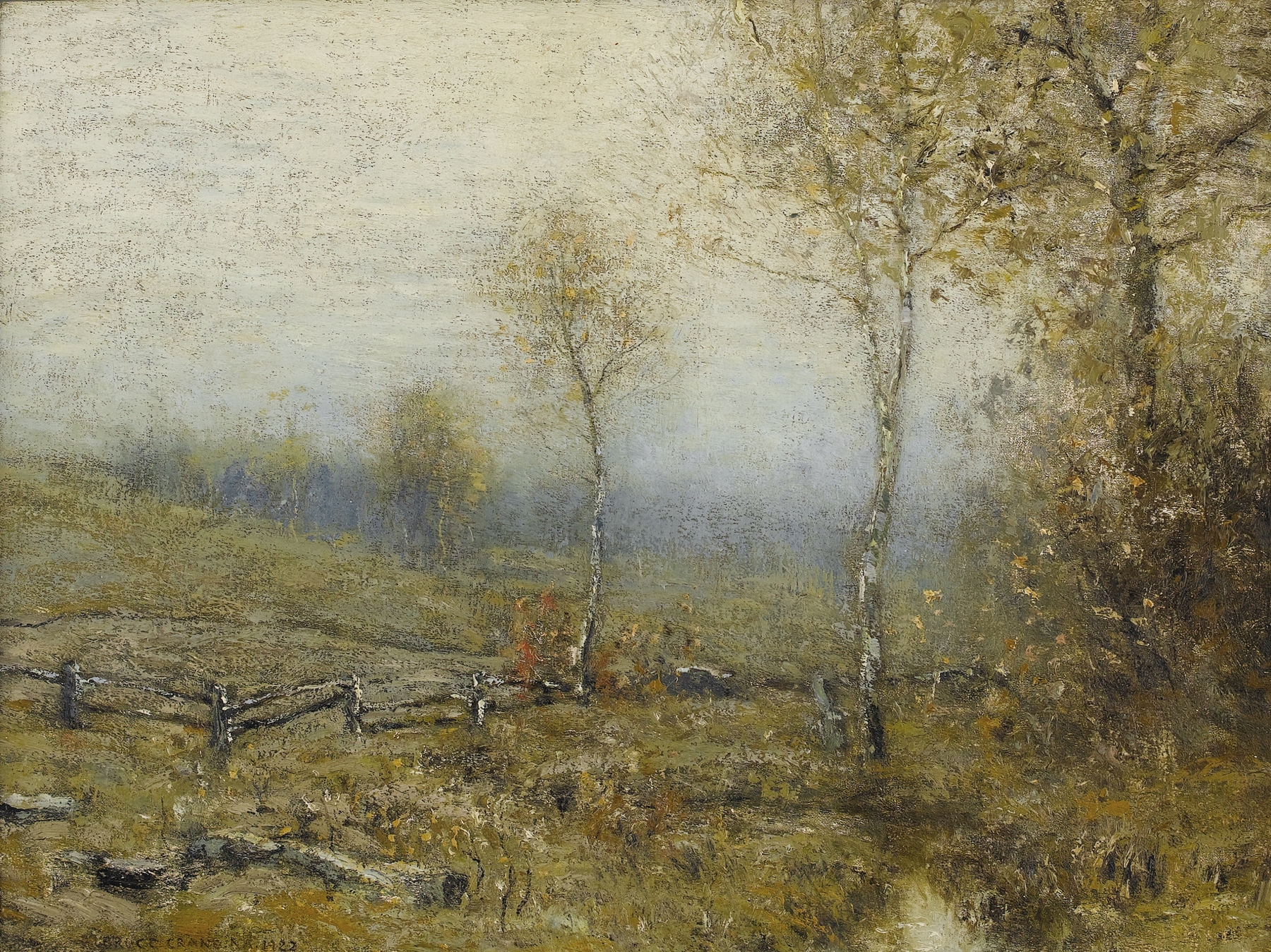 Winter Landscape by Bruce Crane, oil painting depicting a snowy landscape with blue tones.