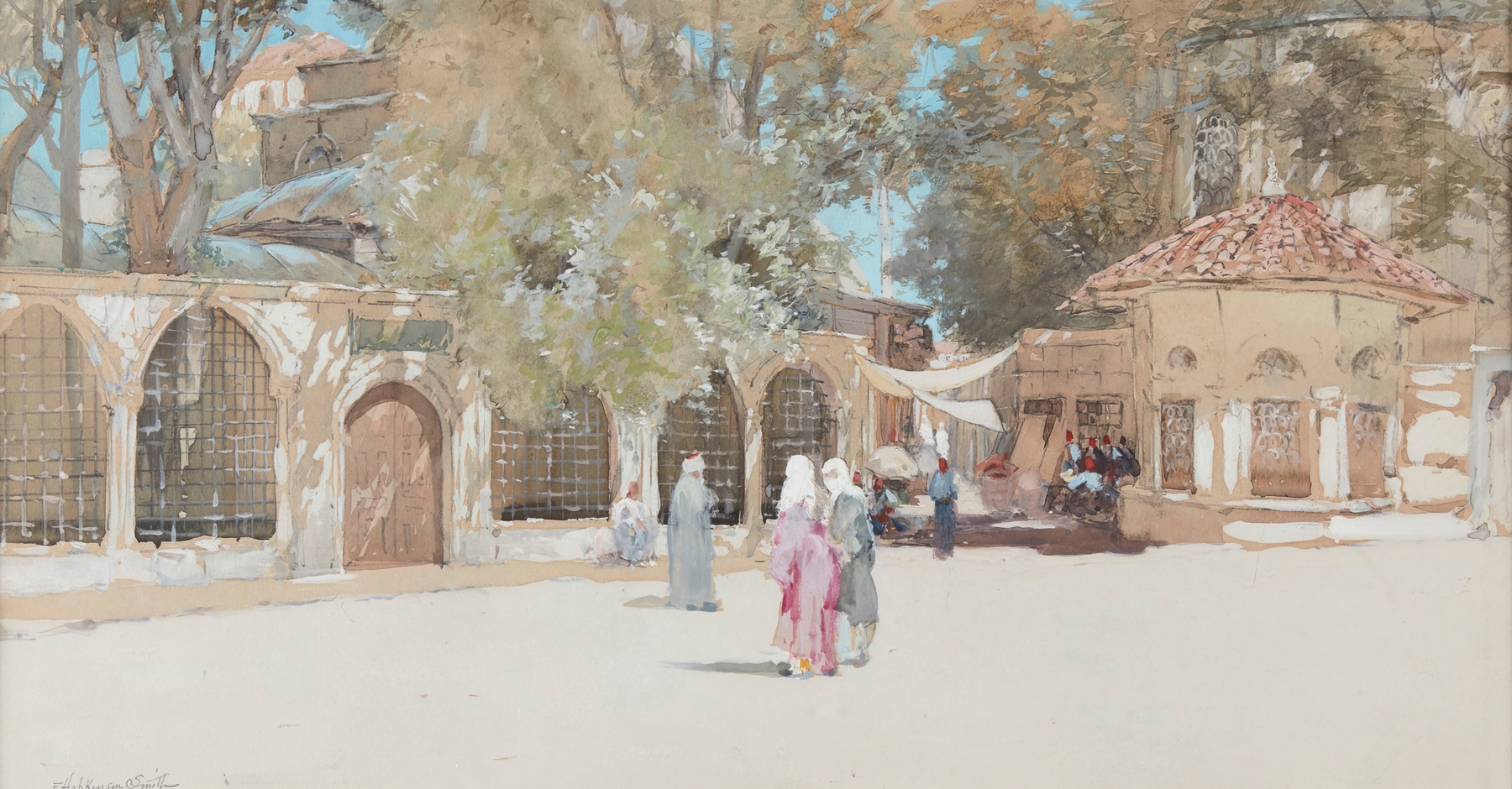 A Turkish Street Scene by Francis Hopkinson Smith, oil on canvas, showing sunlight on cobblestones.