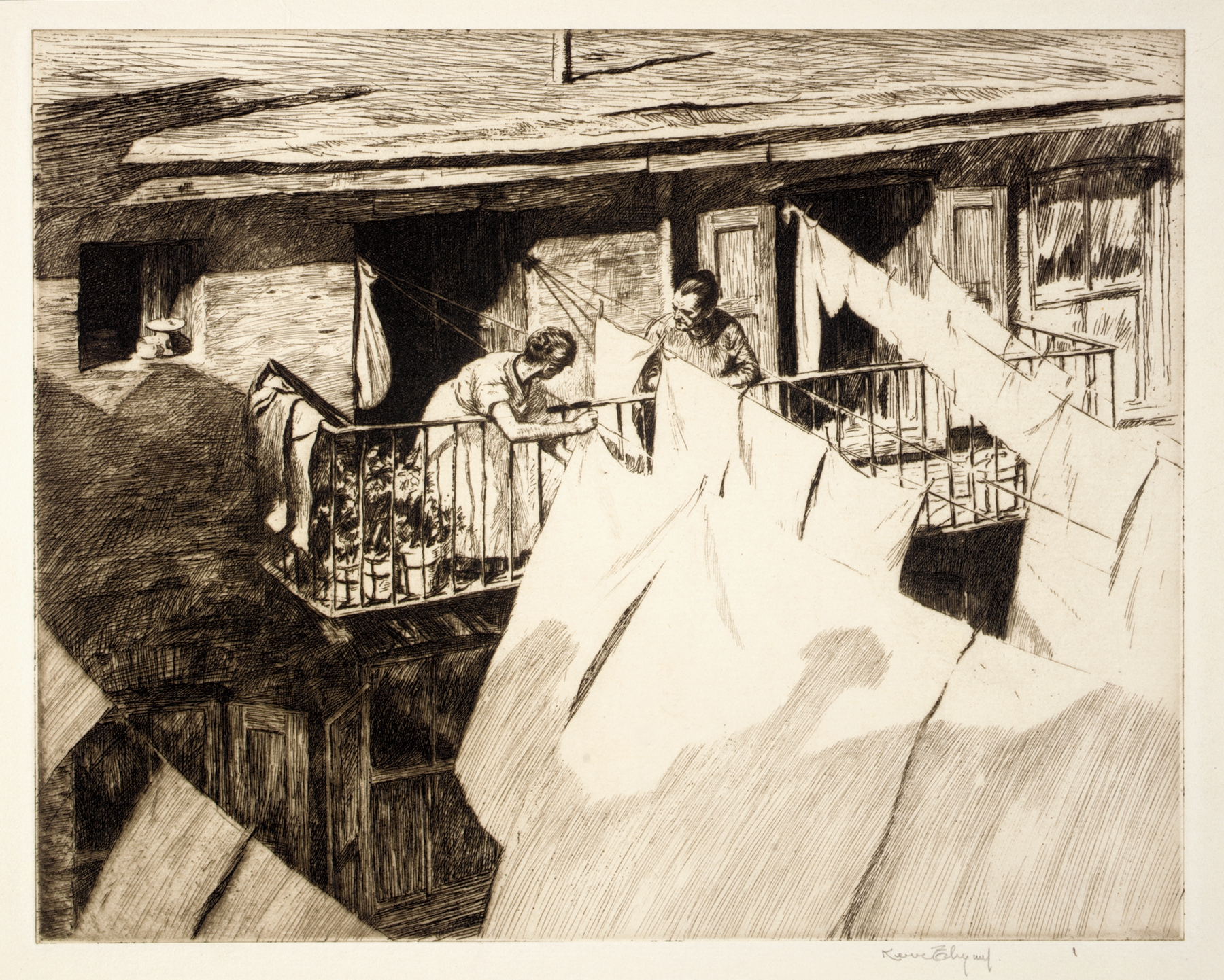 A Bank Street Balcony by Kerr Eby, Impressionism, depicting light and shadows on a balcony's wrought iron railing.
