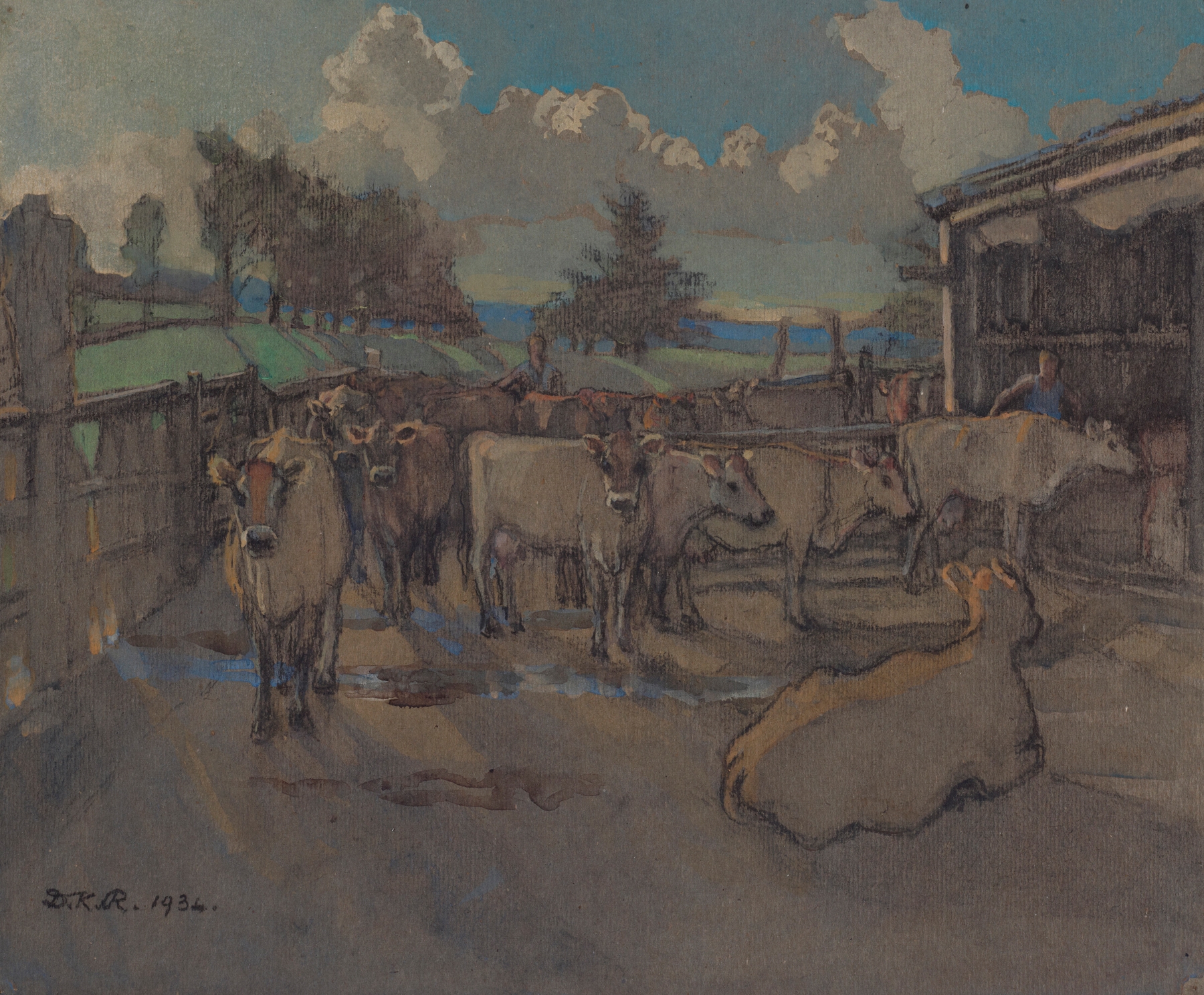 Oil on canvas by Dorothy Richmond depicting a figure milking at twilight.
