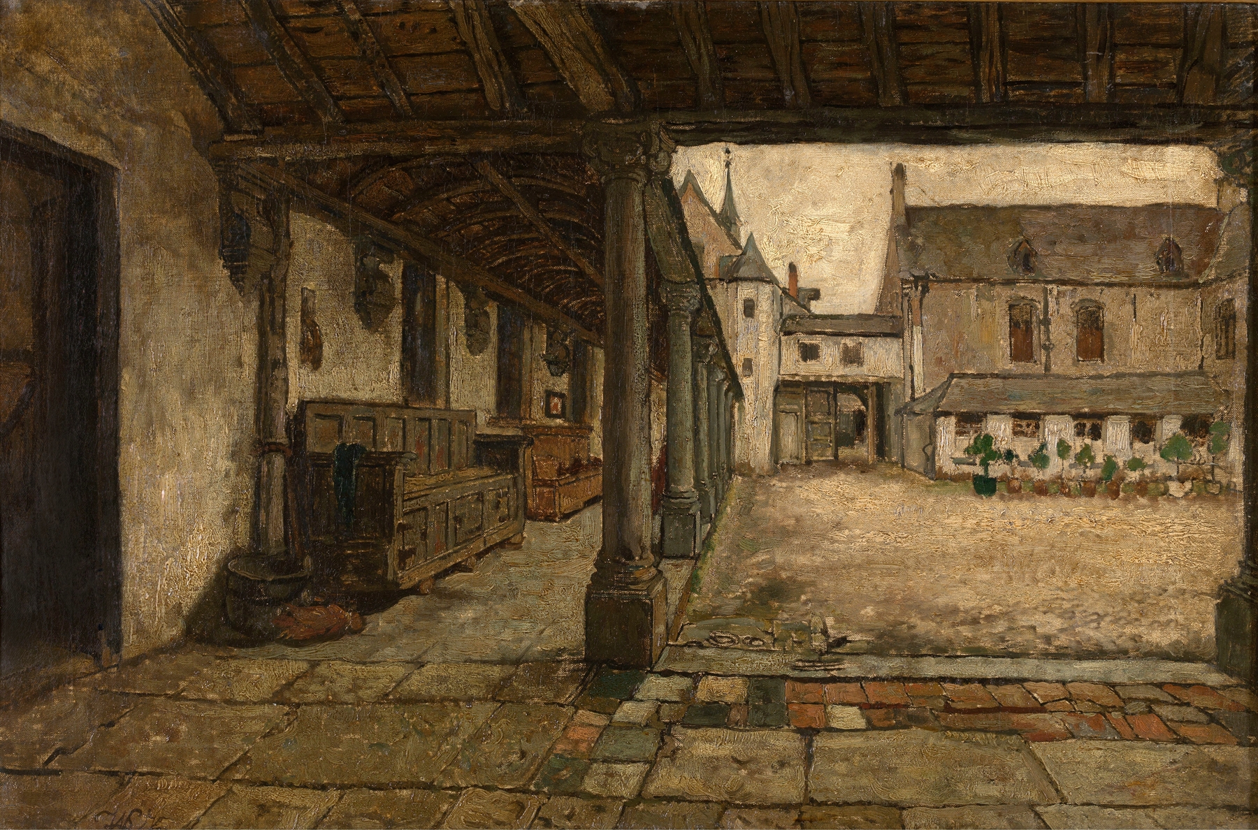 The Old Cloister in Lier by Willem Linnig the Younger, oil painting depicting a serene architectural scene.