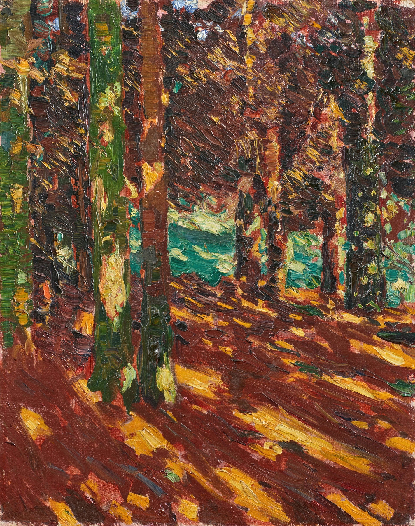 Sonnenflecken im Tannenwald by Walter Ophey, oil on canvas showing sunlight filtering through trees.