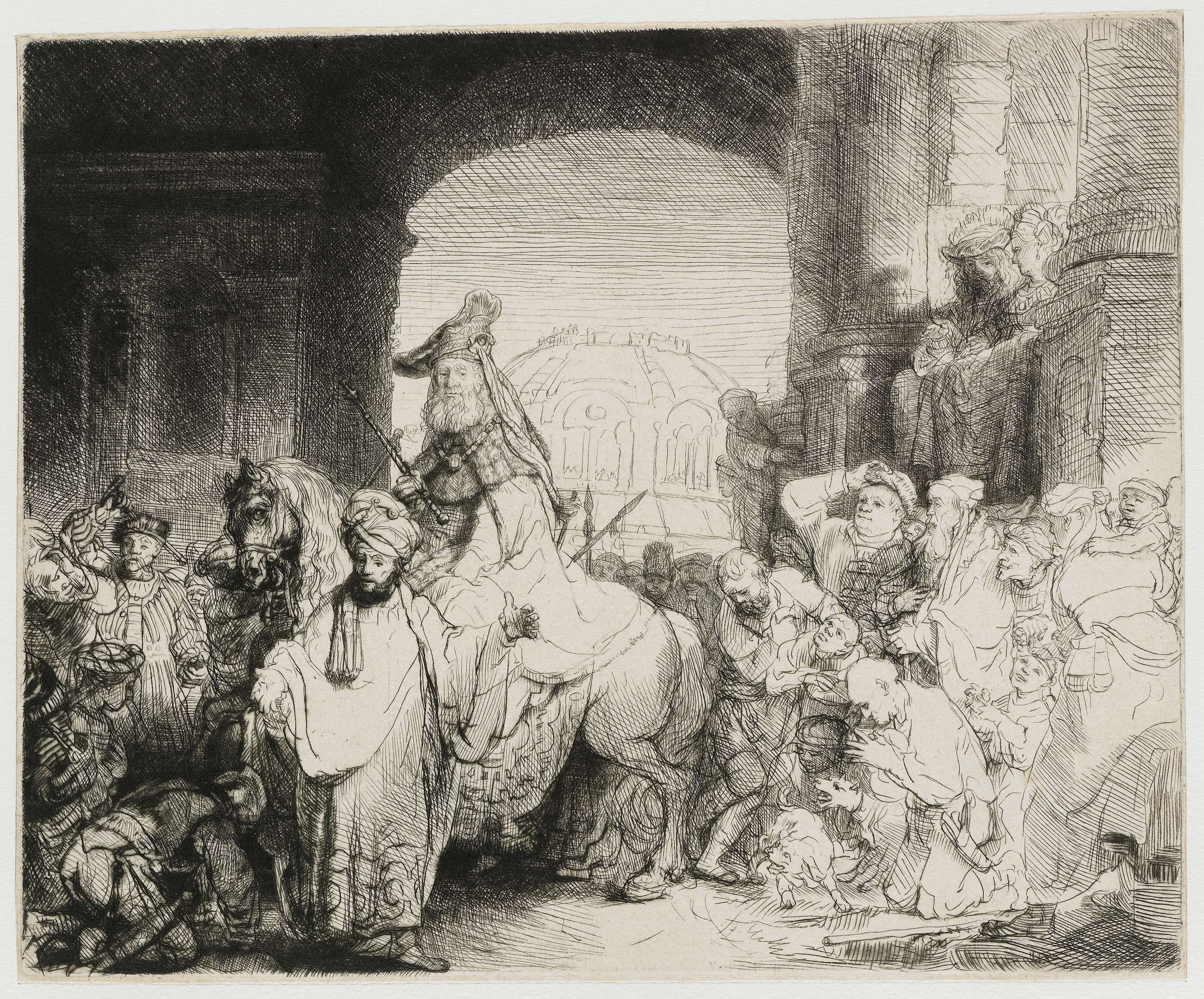 The Triumph of Mordecai, etching by Rembrandt van Rijn, shows Mordecai on a horse in royal attire.