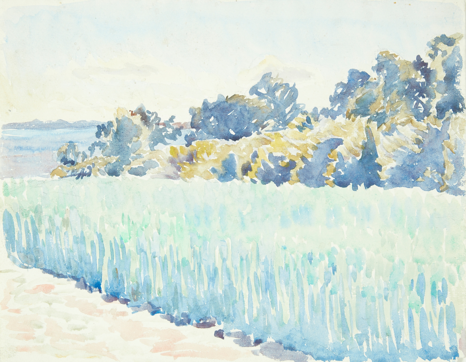 Landscape of ripened grain and forest by Peter Hansen, oil on canvas