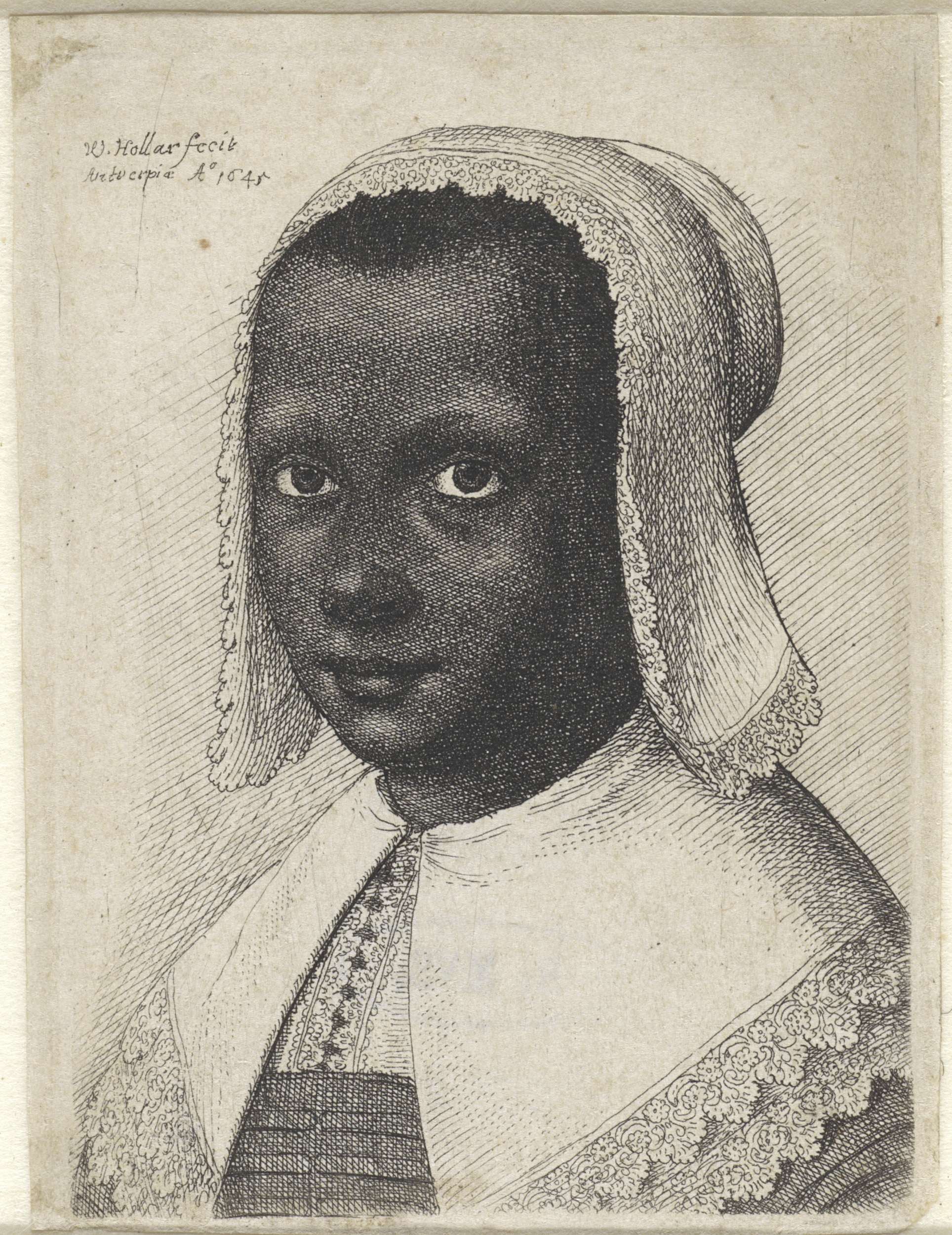 Portrait of a young black woman with lace headpiece, etching by Wenceslaus Hollar