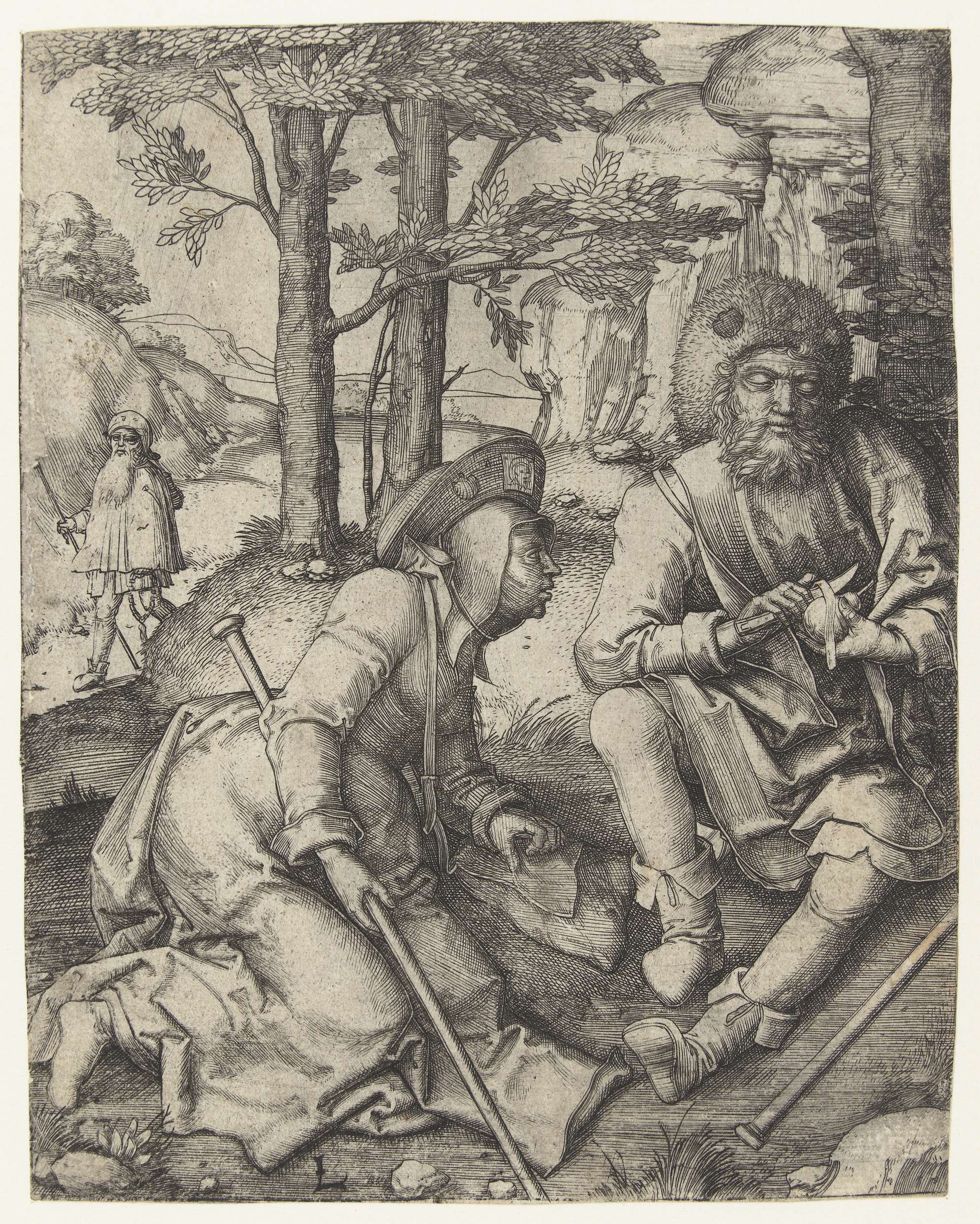 Three pilgrims on a path in an engraving by Lucas van Leyden