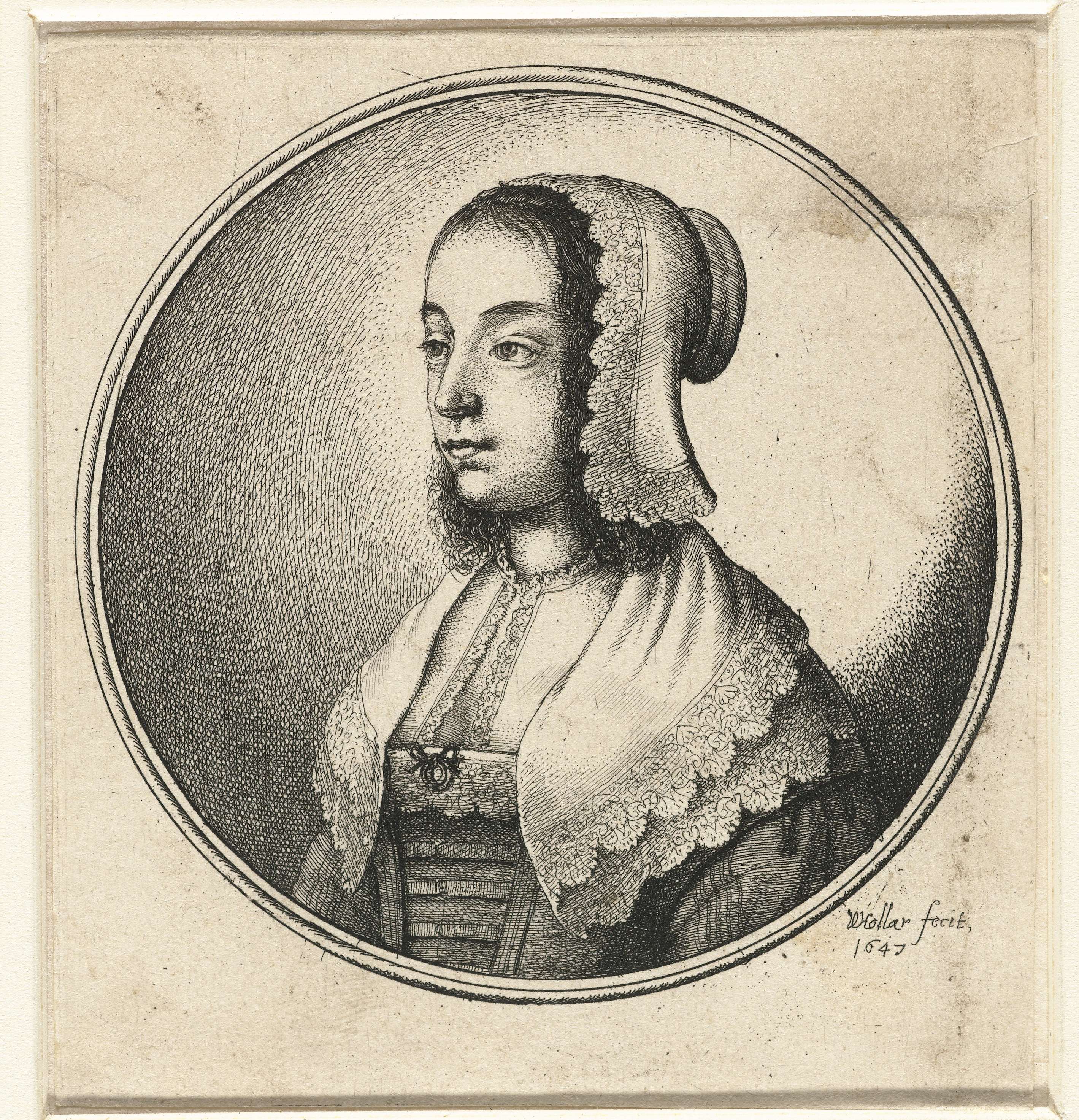 Portrait of a woman with lace cap and collar, etching by Wenceslaus Hollar