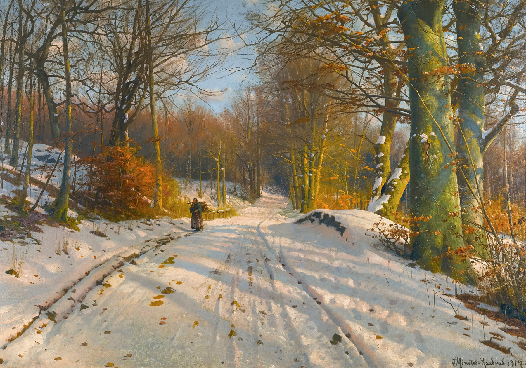 Winter landscape with snow and trees by Peder Mørk Mønsted, oil painting
