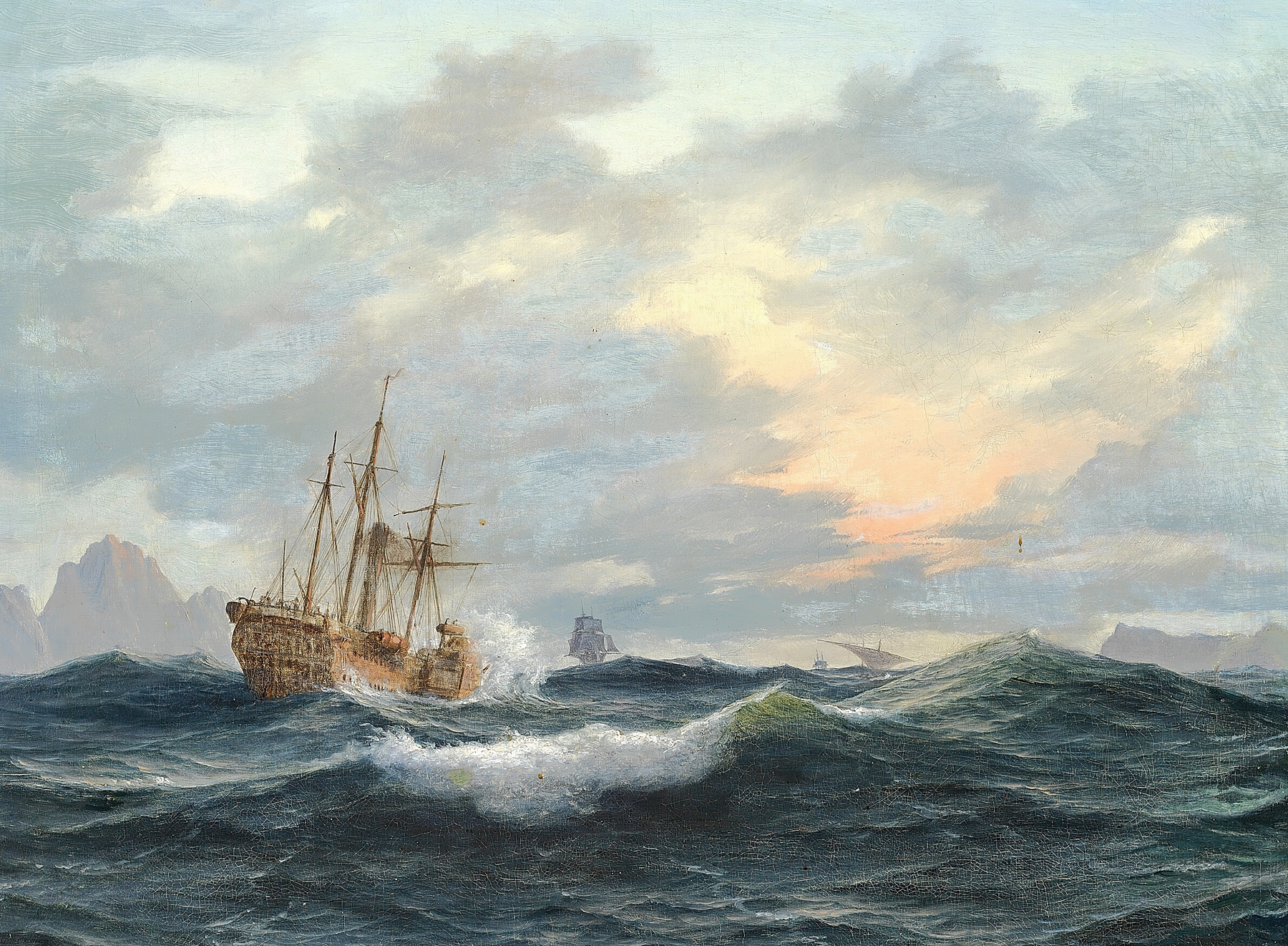 En hjuldamper og andre skibe på havet, by Anton Melbye, public domain