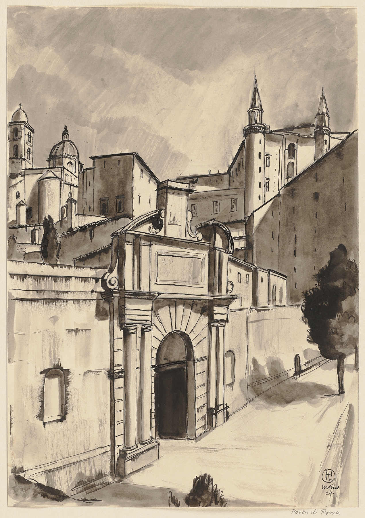 Die Porta Valbona in Urbino by Hermann Lismann, oil on canvas, depicting a city wall at sunset