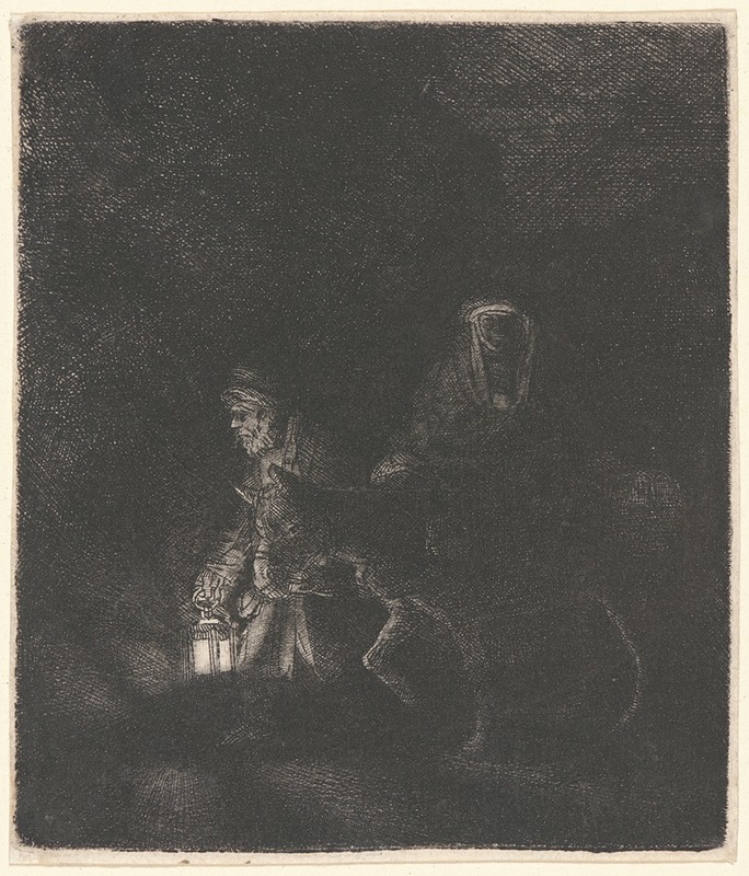 Rembrandt's 'The Flight into Egypt; A Night Piece' depicts a serene night scene of Mary and Joseph's journey.