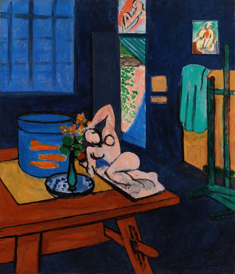 Henri Matisse's 'L’Atelier aux poissons rouges' features vibrant colors and a lively interior scene.