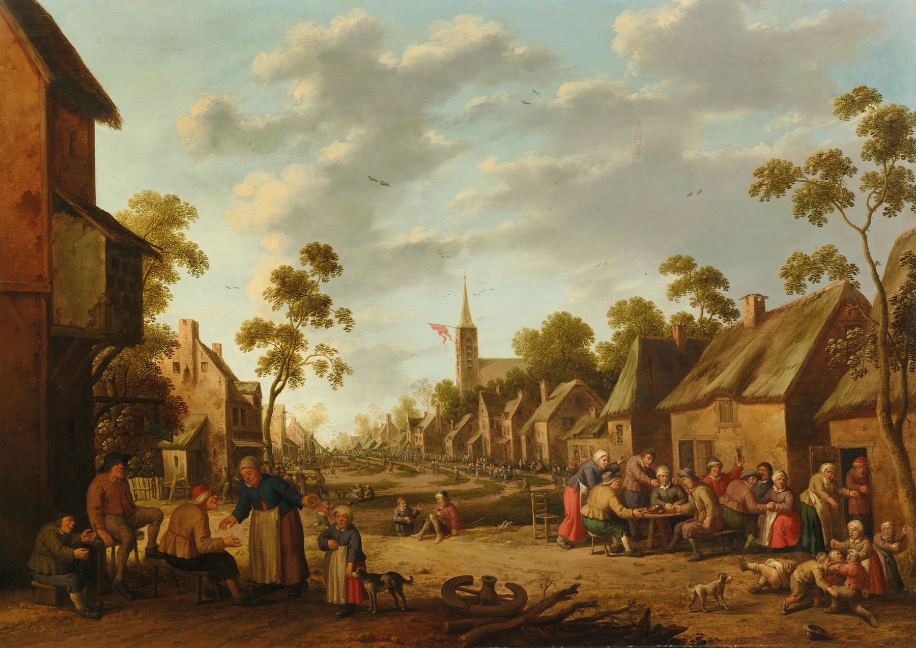 A village kermesse scene with people eating and children playing, oil painting by Joost Cornelisz Droochsloot
